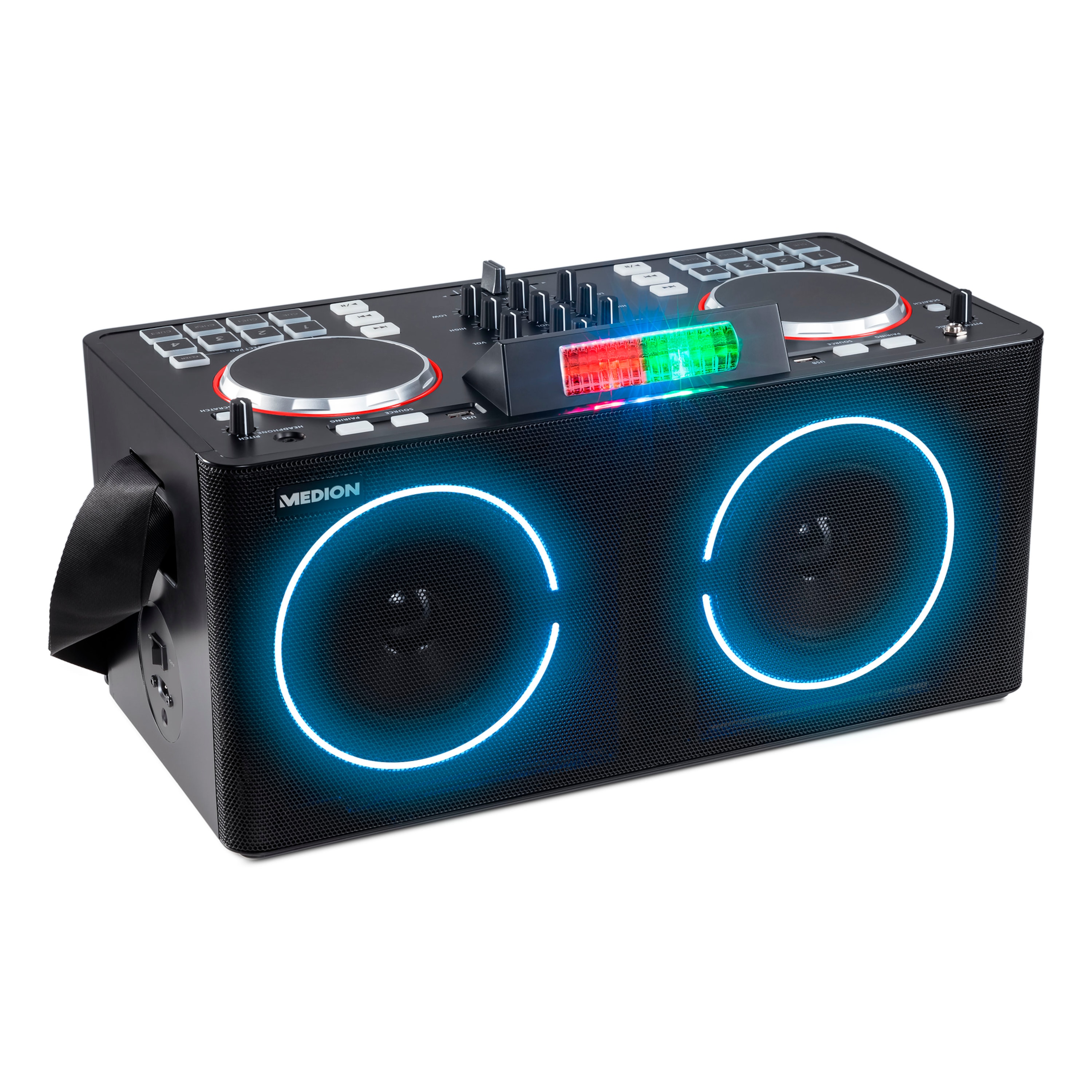 LIFE X61420 Party Speaker | met DJ-controller | 2 LC-displays | 8 Multifunctionele performance pads | LED lichteffecten | 2 x 20 W RMS