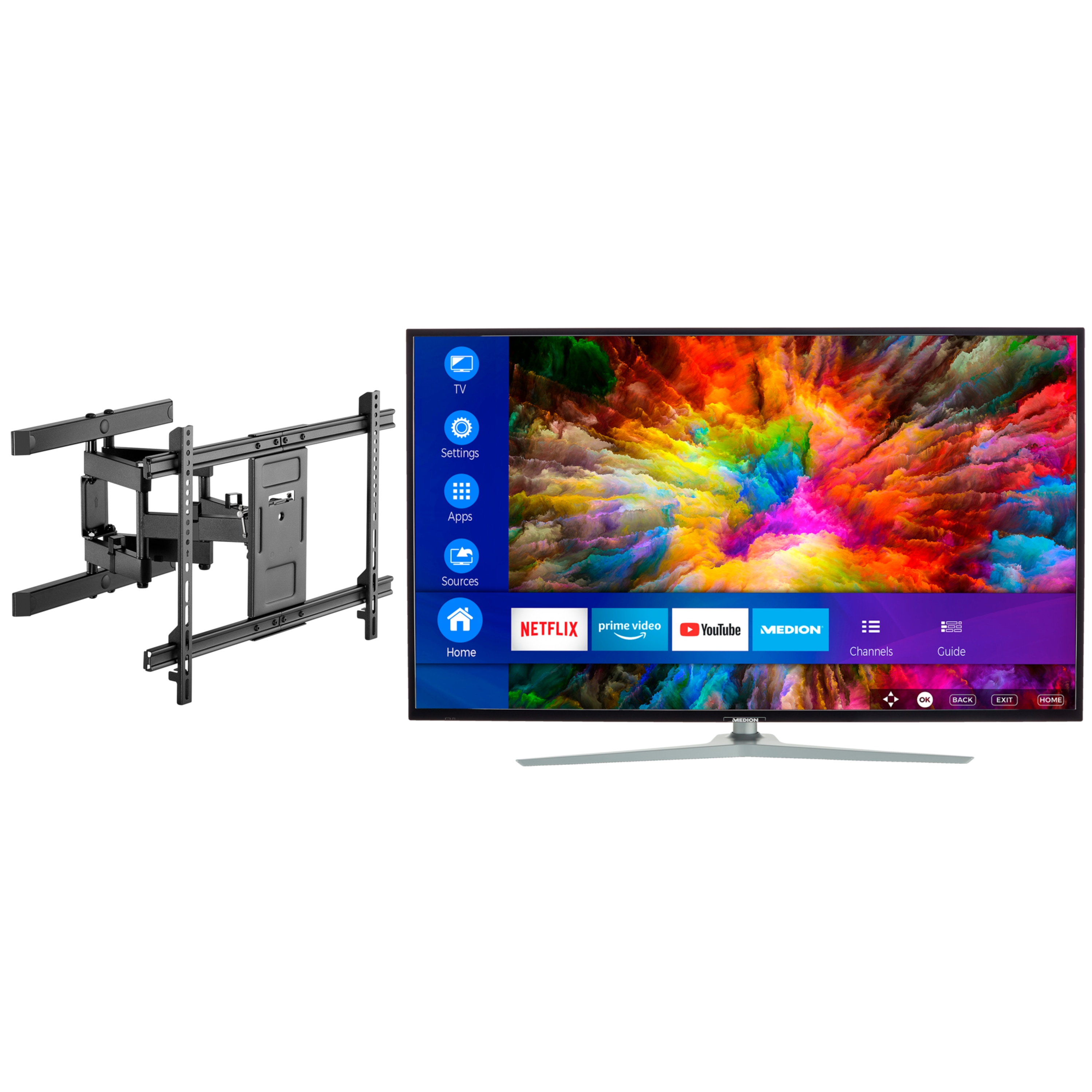MEDION® LIFE® X16512 Smart-TV, 163,9 cm (65'') Ultra HD Fernseher, inkl. schwenkbarer Wandhalterung Pro - ARTIKELSET