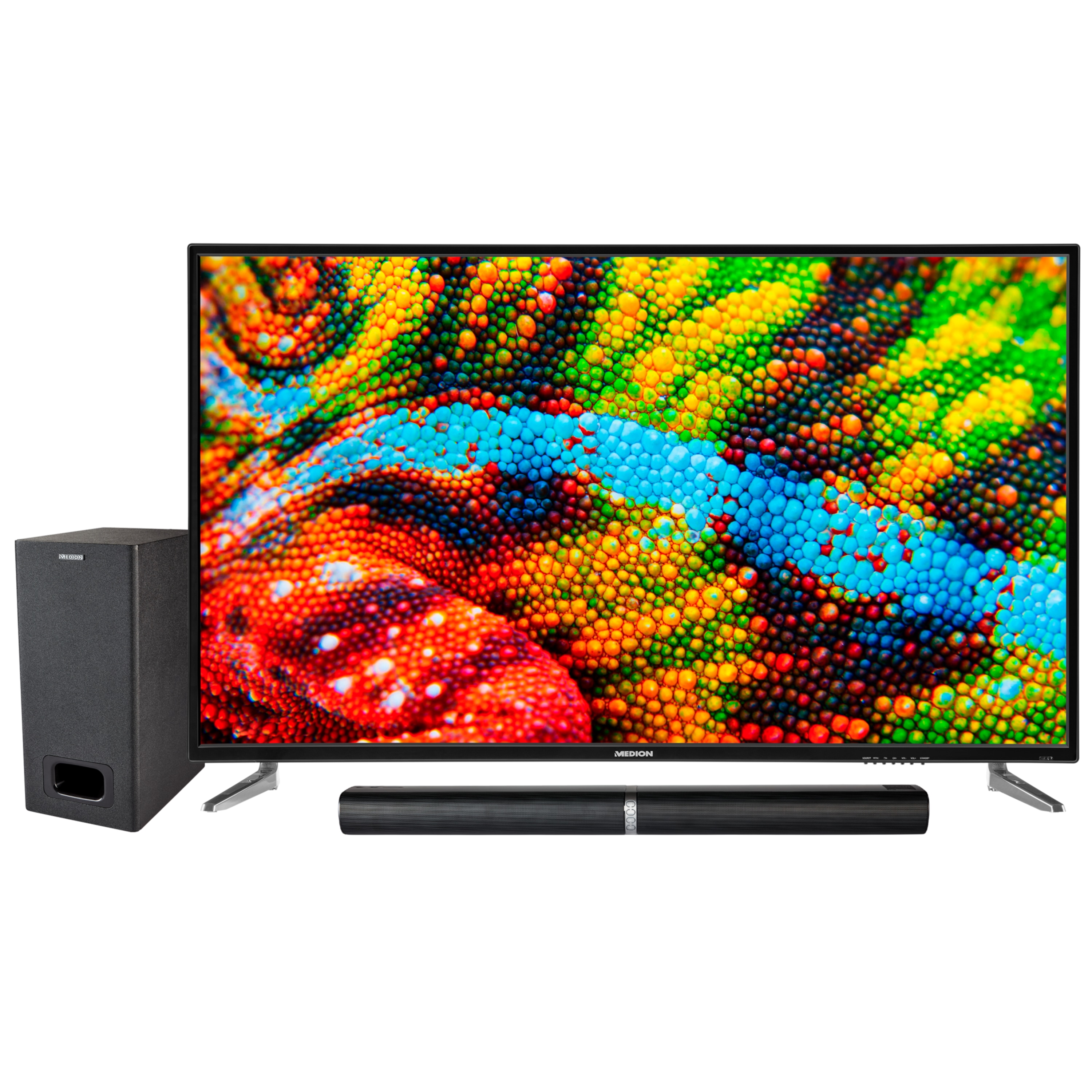 MEDION® LIFE® P15501 TV, 138,8 cm (55") Ultra HD Fernseher, inkl. LIFE® P61220 TV-Soundbar mit Subwoofer - ARTIKELSET