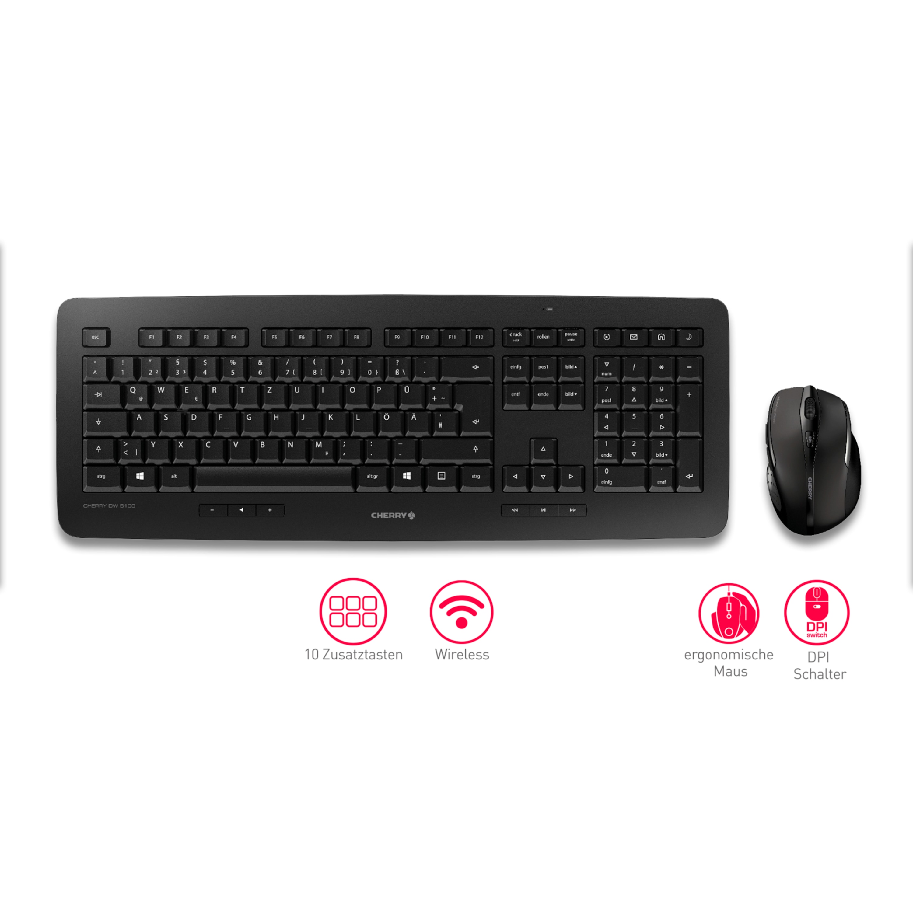 CHERRY DW 5100 Tastatur+Maus Set, Wireless Windows Desktop-Set, hochwertige Profi-Tastatur, ergonomische 6-Tasten Maus