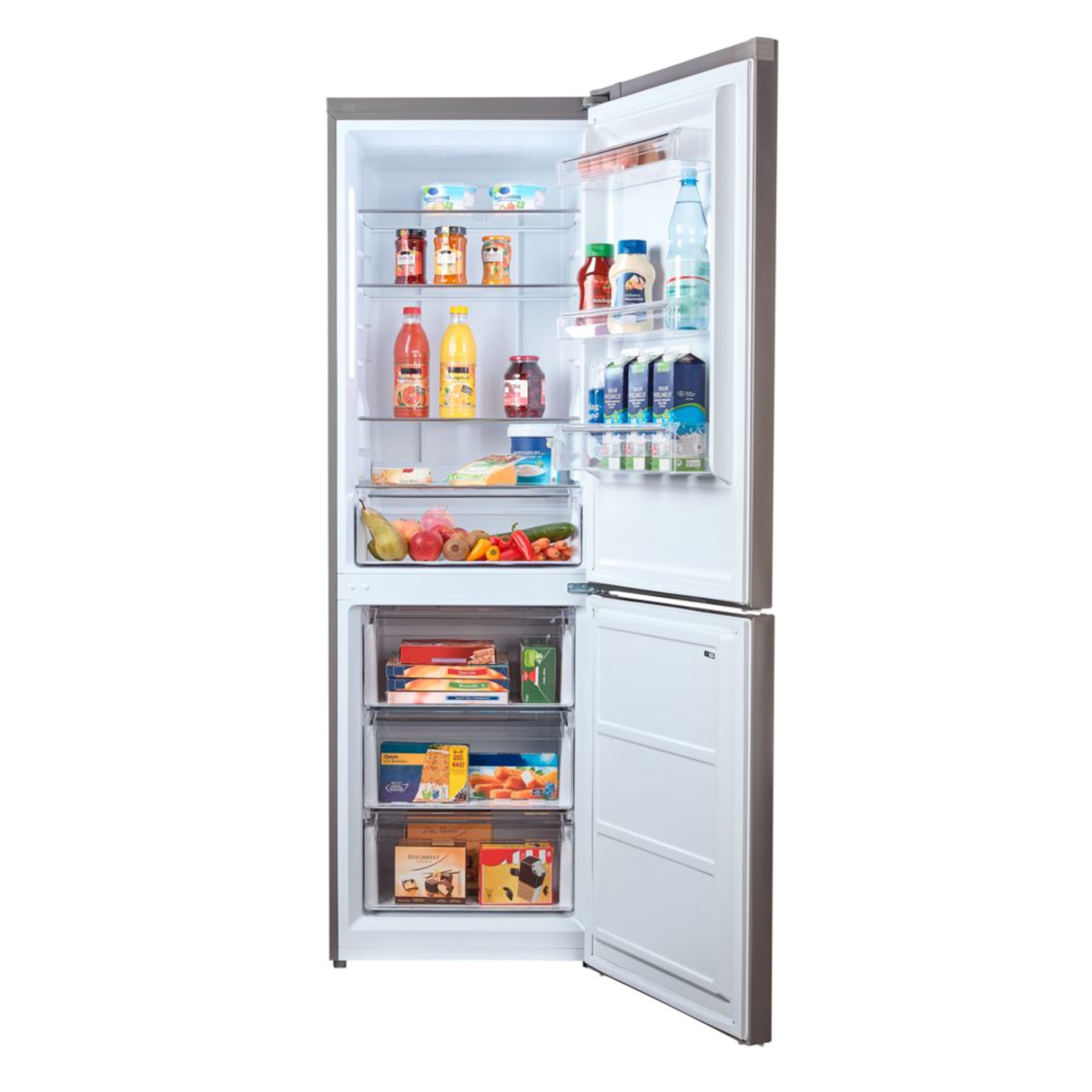 ECOM_MEDION_HW_MD37290_Kuehl_Gefrierkombination_Front_open_mit_Inhalt