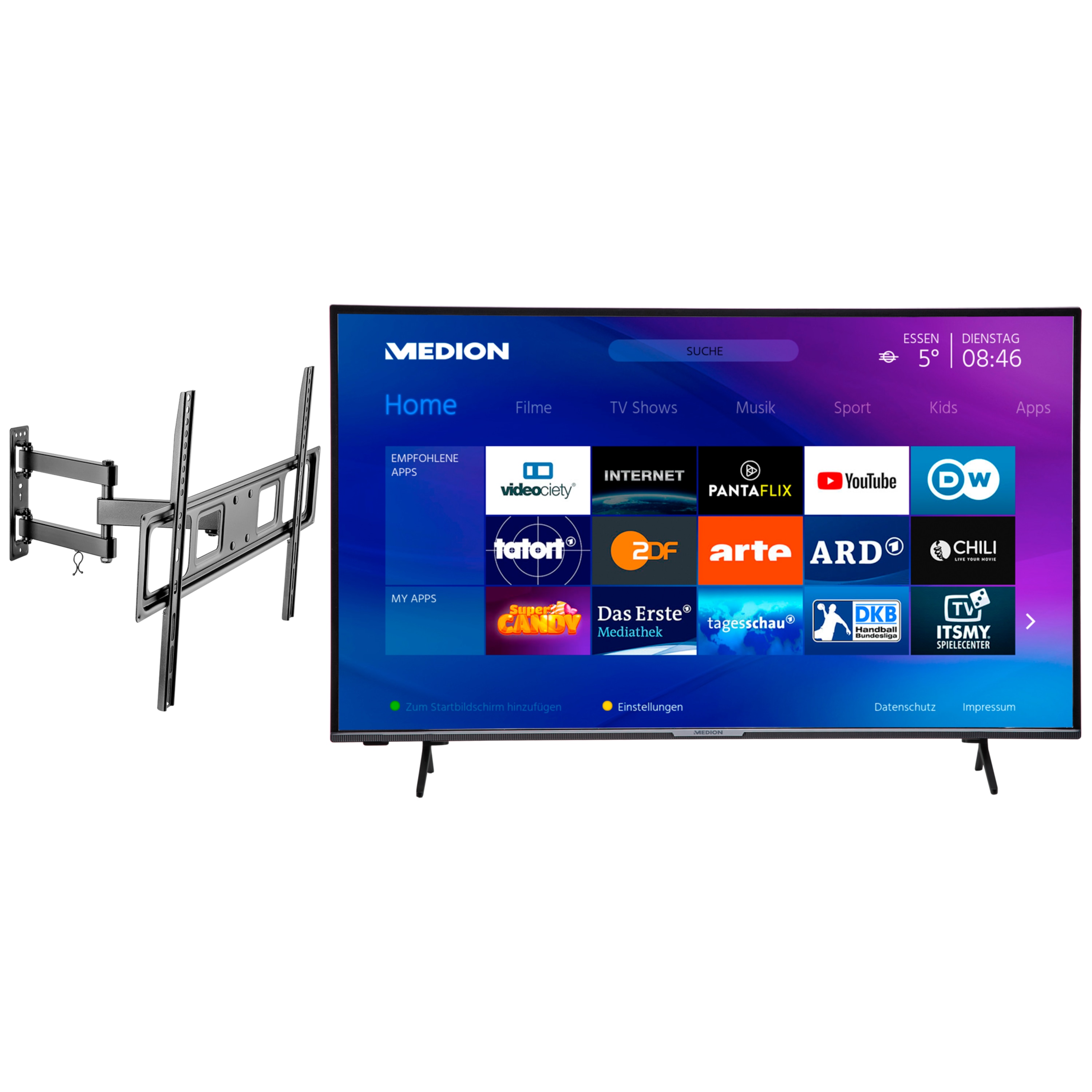 MEDION® LIFE® X15580 Smart-TV, 138,8 cm (55'') Ultra HD Fernseher, inkl. schwenkbarer Wandhalterung - ARTIKELSET