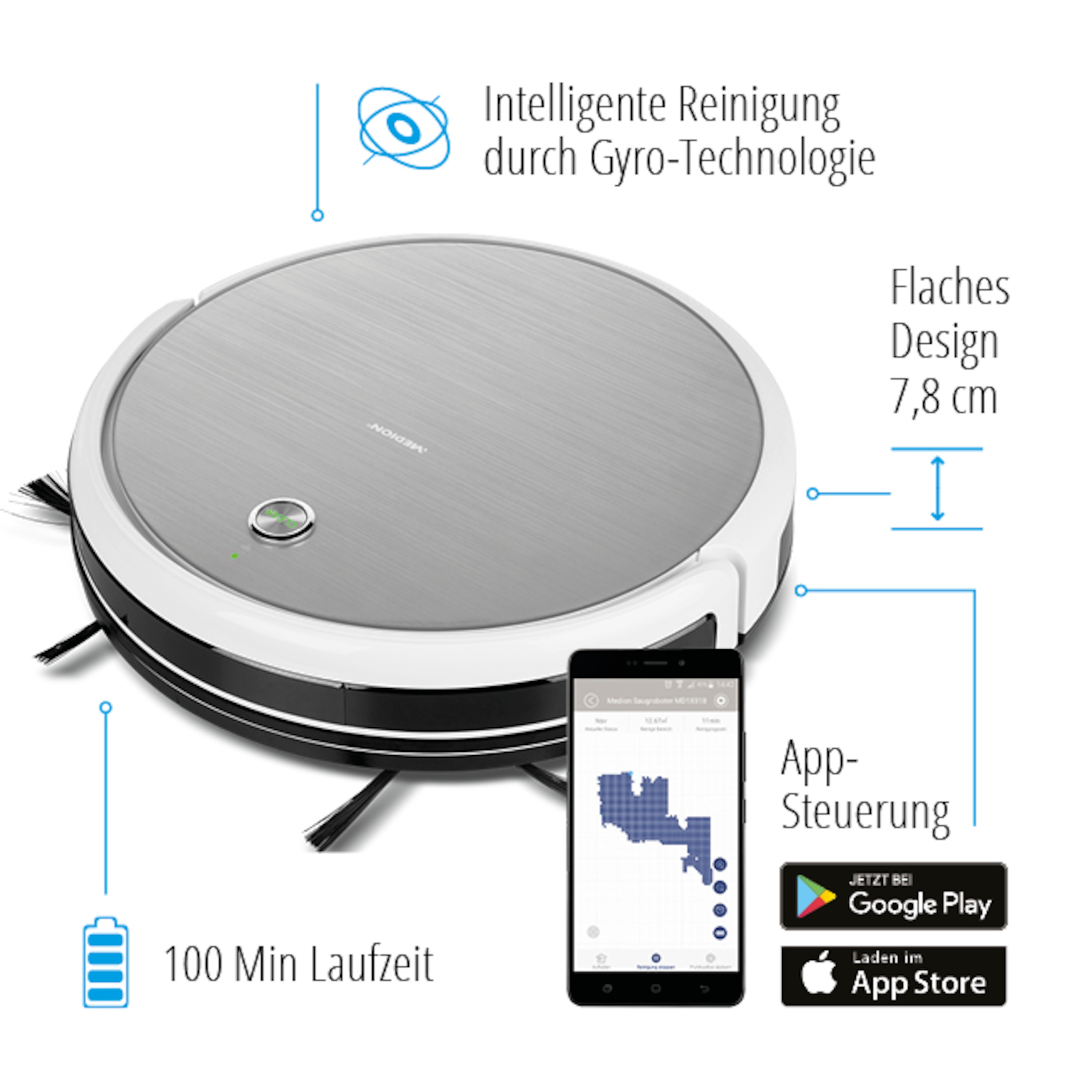 MEDION® Saugroboter MD 18318, intelligente Navigation, bequeme Steuerung per Smartphone oder Tablet, programmierbarer Reinigungsplan, bis zu 100 Min Laufzeit