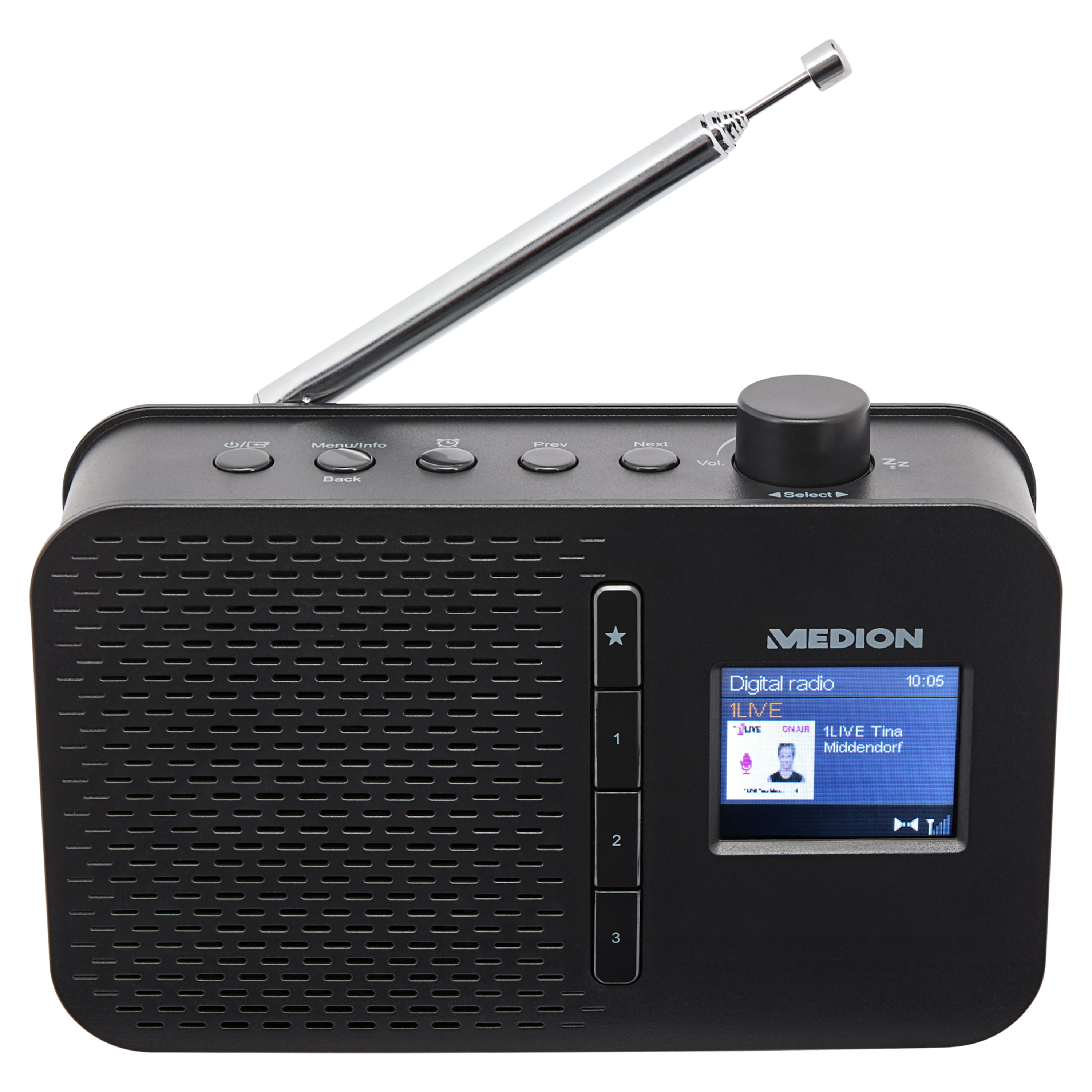 MEDION® LIFE® E66487 Tragbares DAB+ Radio, 4,57 cm (1,8')' TFT Farbdisplay, DAB+/UKW mit 60 Senderspeichern (je 30 DAB+/UKW), automatische Uhrzeitsynchronisierung, Netz-/ oder Batteriebetrieb, kompaktes Design