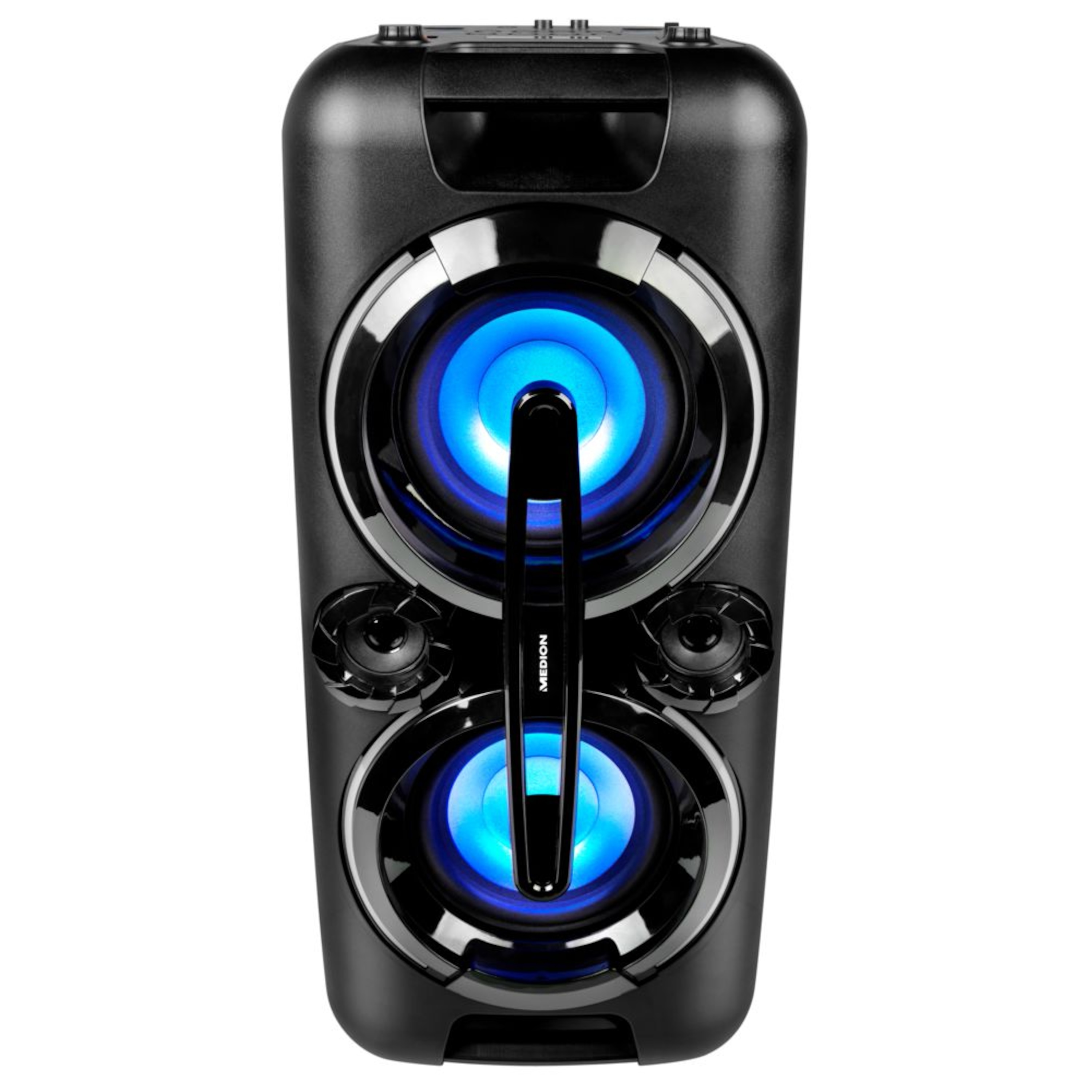 MEDION® LIFE® P67013 Partylautsprecher mit Bluetooth 2.1, farbige LED-Lichter, kraftvolle Bässe, 2 x USB, AUX Anschluss, 2 x 22 Watt RMS, integr. Akku