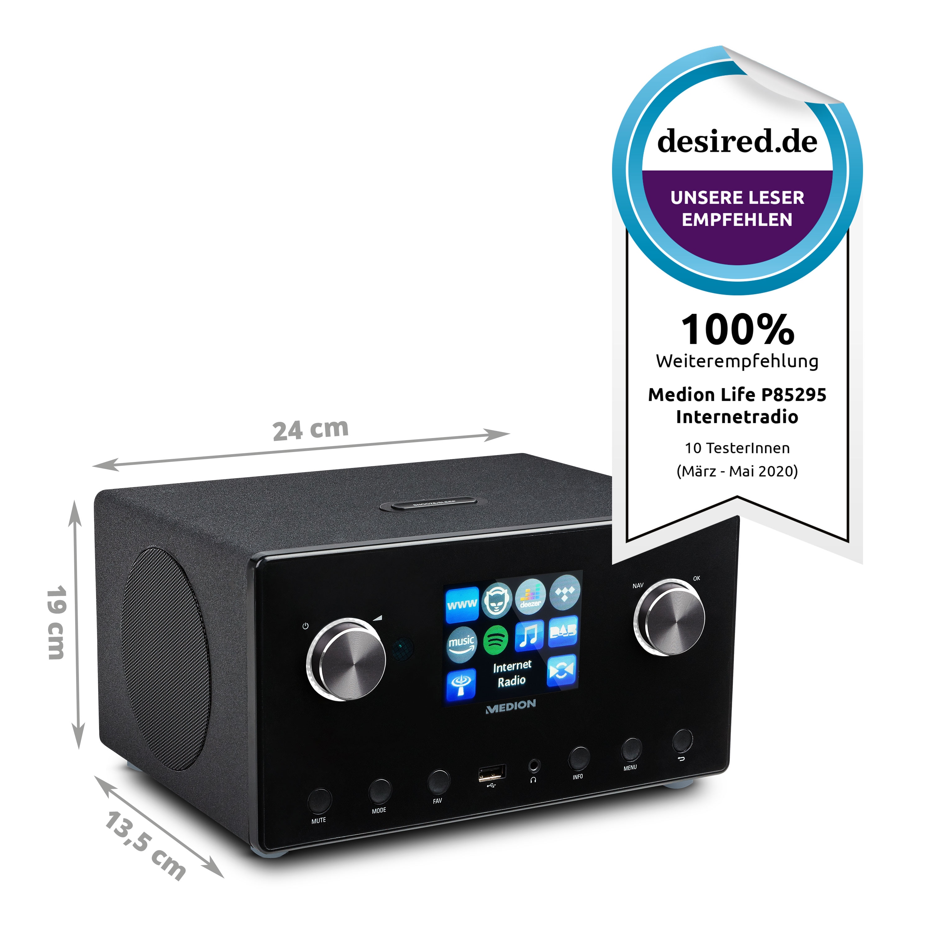 MEDION® LIFE® P85295 Stereo Internetradio, großes 8,1 cm (3,2“) TFT-Display, DAB+ & UKW, Spotify®-Connect, DLNA, USB, WLAN, LAN, integrierter Subwoofer, 2 x 7,5 W + 1 x 15 W (RMS)  (B-Ware)