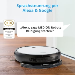 MEDION® Saugroboter mit Wischfunktion MD 19601, App- und Alexa-Steuerung, Saugen und Wischen gleichzeitig, intelligente Navigation, große Hauptbürste und zwei Seitenbürsten, 100 Min. Laufzeit