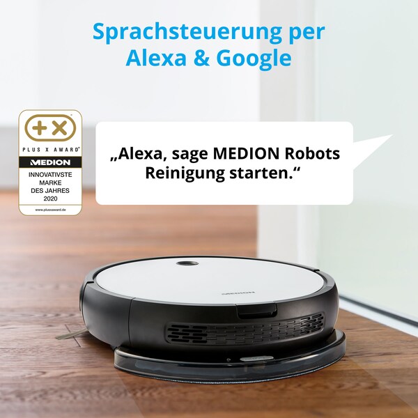 MEDION® Saugroboter mit Wischfunktion MD 19601, App- und Alexa-Steuerung, Saugen und Wischen gleichzeitig, intelligente Navigation, große Hauptbürste und zwei Seitenbürsten, 100 Min. Laufzeit