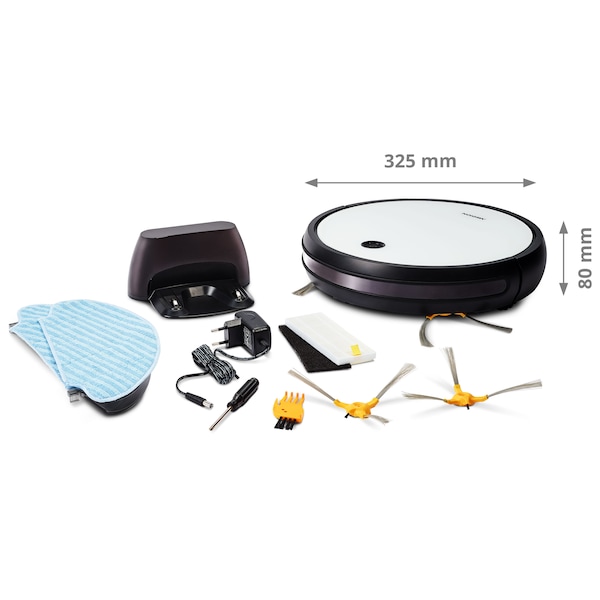 MEDION® Saugroboter mit Wischfunktion MD 19601, App- und Alexa-Steuerung, Saugen und Wischen gleichzeitig, intelligente Navigation, große Hauptbürste und zwei Seitenbürsten, 100 Min. Laufzeit