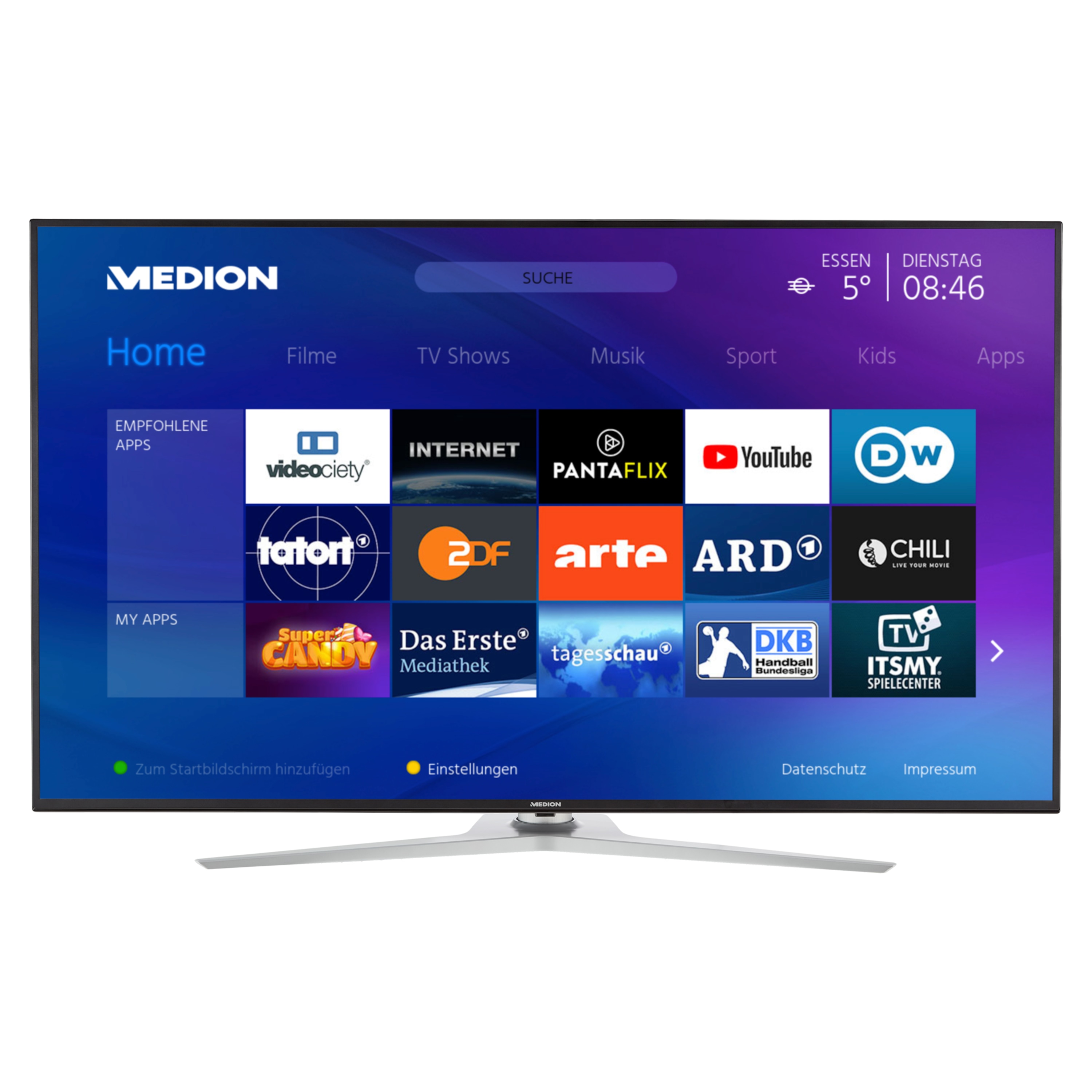 MEDION® LIFE® X16533 Smart-TV, 163,9 cm (65'') Ultra HD Display, HDR, Dolby Vision™, Micro Dimming, MEMC, WCG, PVR ready, Netflix, Amazon Prime Video, Bluetooth®, DTS HD, integrierter Subwoofer, HD Triple Tuner, CI+