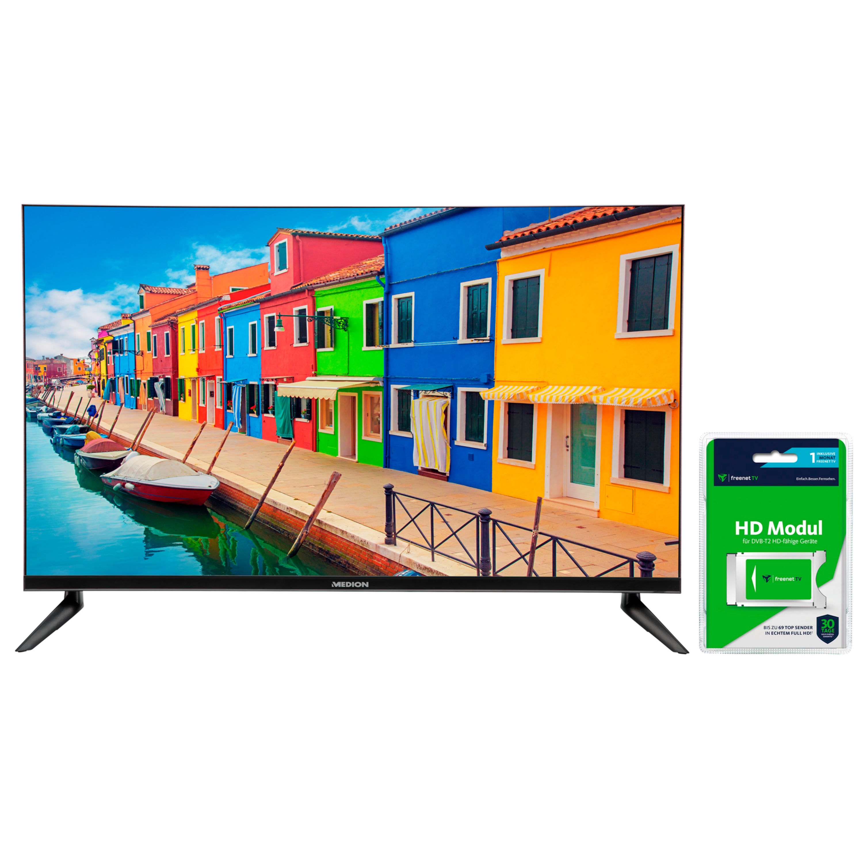 MEDION® LIFE® E13212 TV, 80 cm (31,5'') HD Fernseher, inkl. DVB-T 2 HD Modul (1 Monat freenet TV gratis) - ARTIKELSET