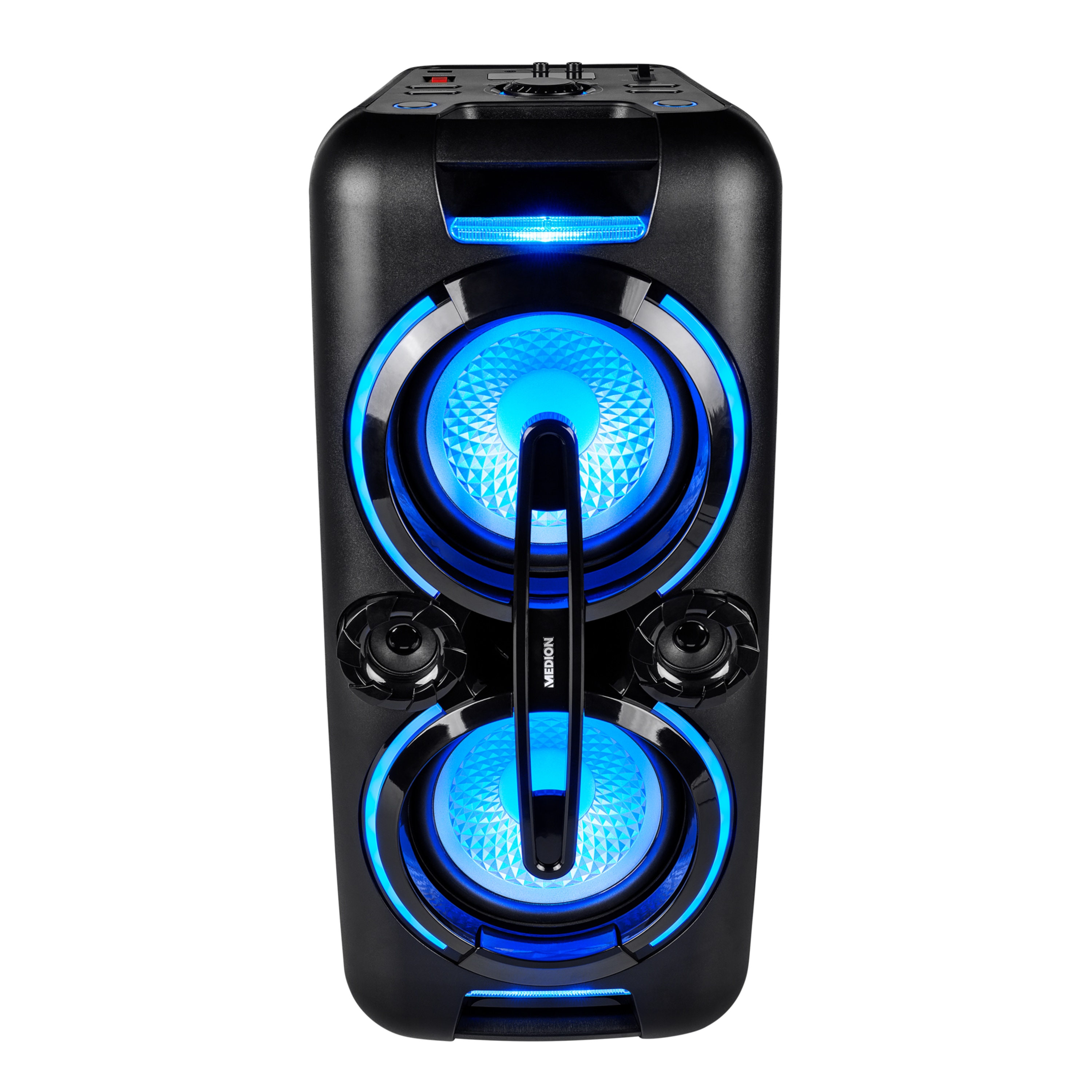MEDION® LIFE® X61555 Bluetooth® Partylautsprecher, PLL-UKW, X-Bass, Mikrofonanschluss, Kabellose Musikübertragung, verschiedene Beleuchtungseffekte, integr. Akku