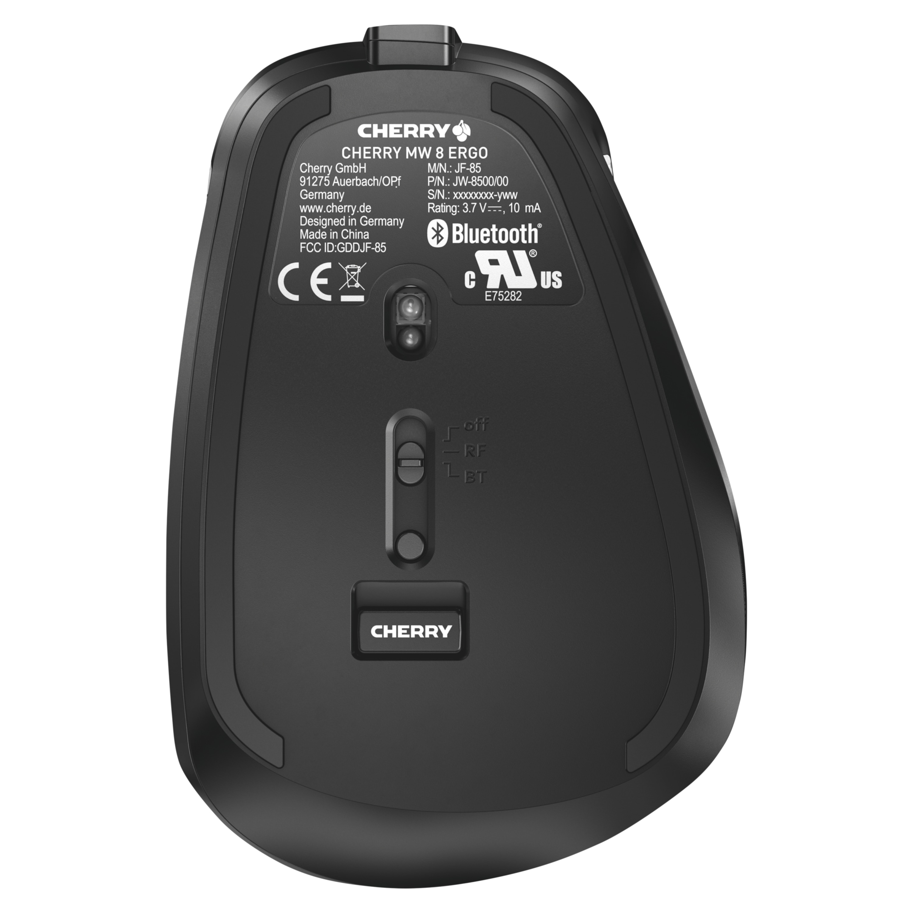 CHERRY MW 8 ERGO hochpräzise Maus, Laser-LED, Verbindung wahlweise über Bluetooth® oder 2.4 GHz Funk, 4 stufige Auflösung, edles Design