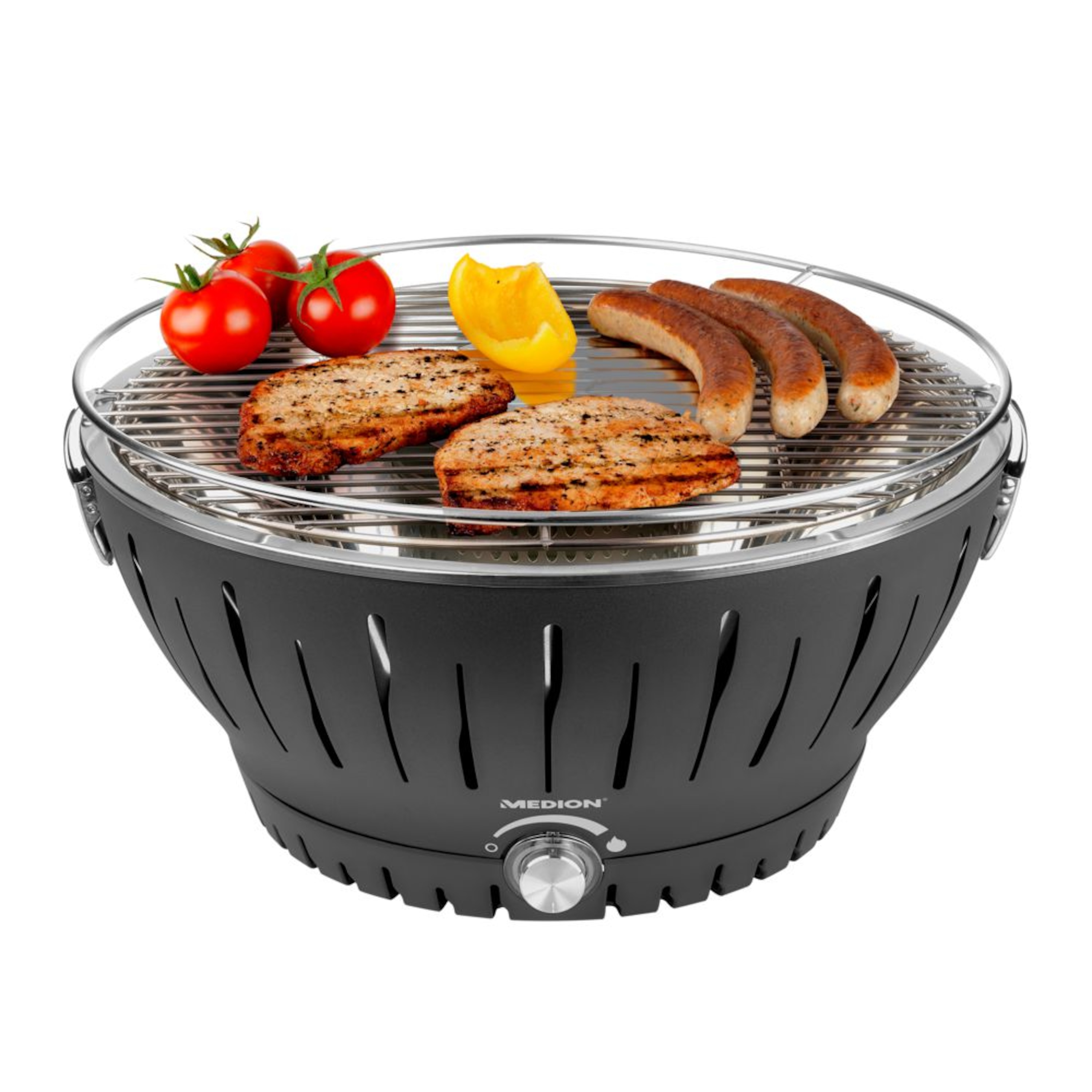 ECOM_MEDION_HW_MD18722_Holzkohlegrill_mit_Luefter_Front_Down_mit_Fleisch