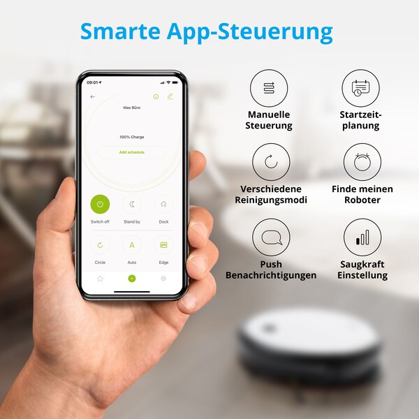 MEDION® Saugroboter mit Wischfunktion MD 19601, App- und Alexa-Steuerung, Saugen und Wischen gleichzeitig, intelligente Navigation, große Hauptbürste und zwei Seitenbürsten, 100 Min. Laufzeit