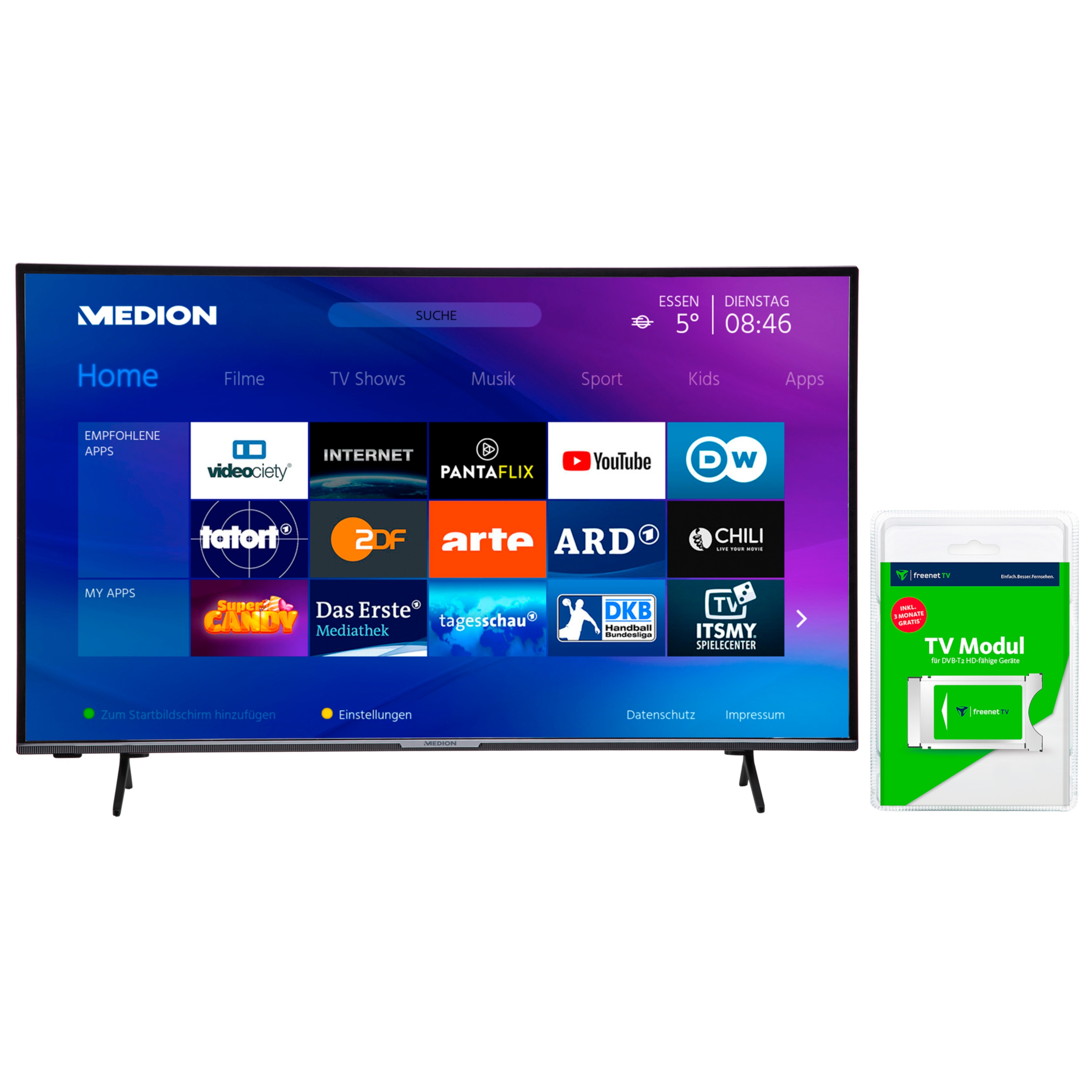 MEDION® LIFE® X15580 Smart-TV, 138,8 cm (55'') Ultra HD Fernseher, inkl. DVB-T 2 HD Modul (3 Monate freenet TV gratis) - ARTIKELSET