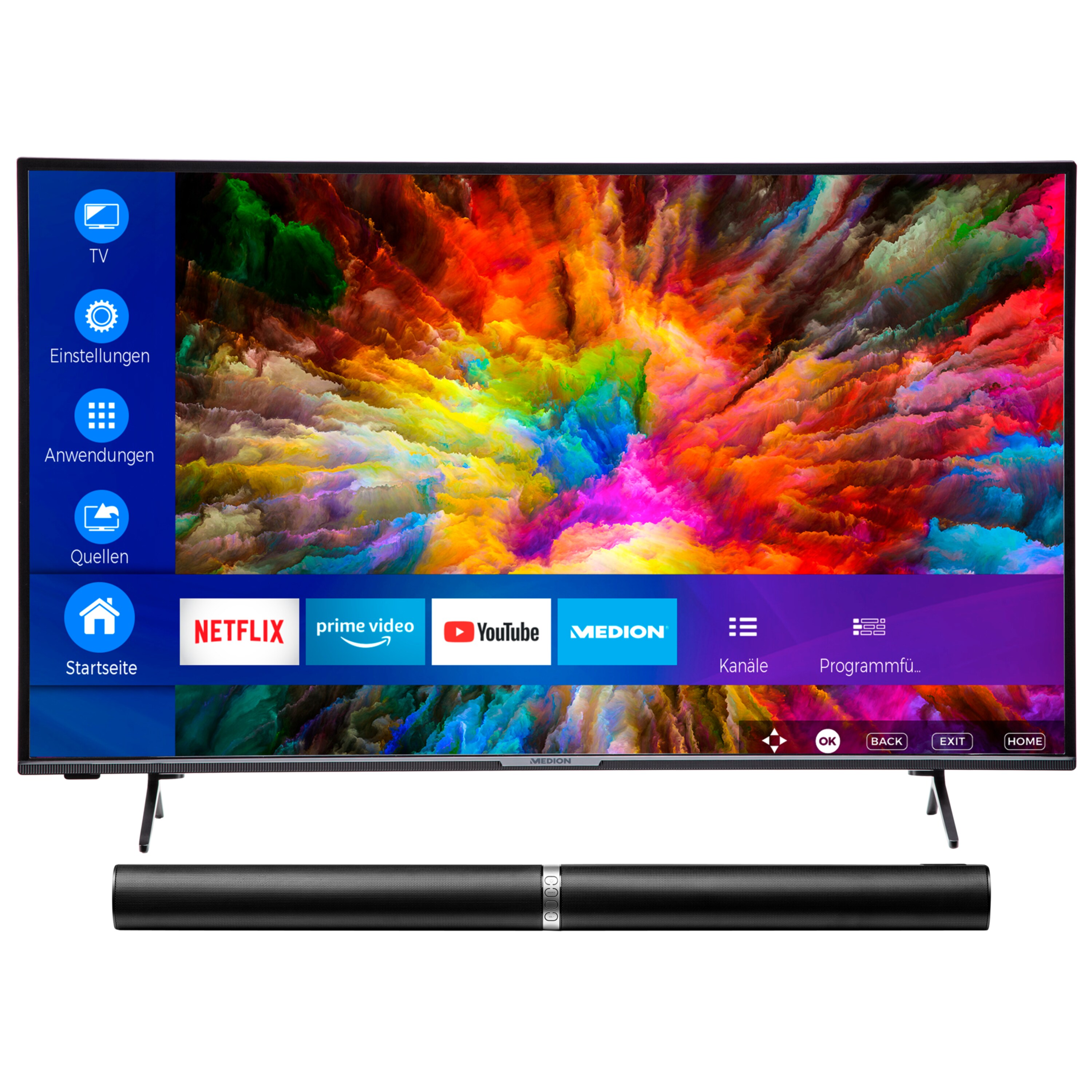 MEDION® LIFE® X14380 Smart-TV, 108 cm (43'') Ultra HD Fernseher, inkl. LIFE® P61202 TV-Soundbar - ARTIKELSET