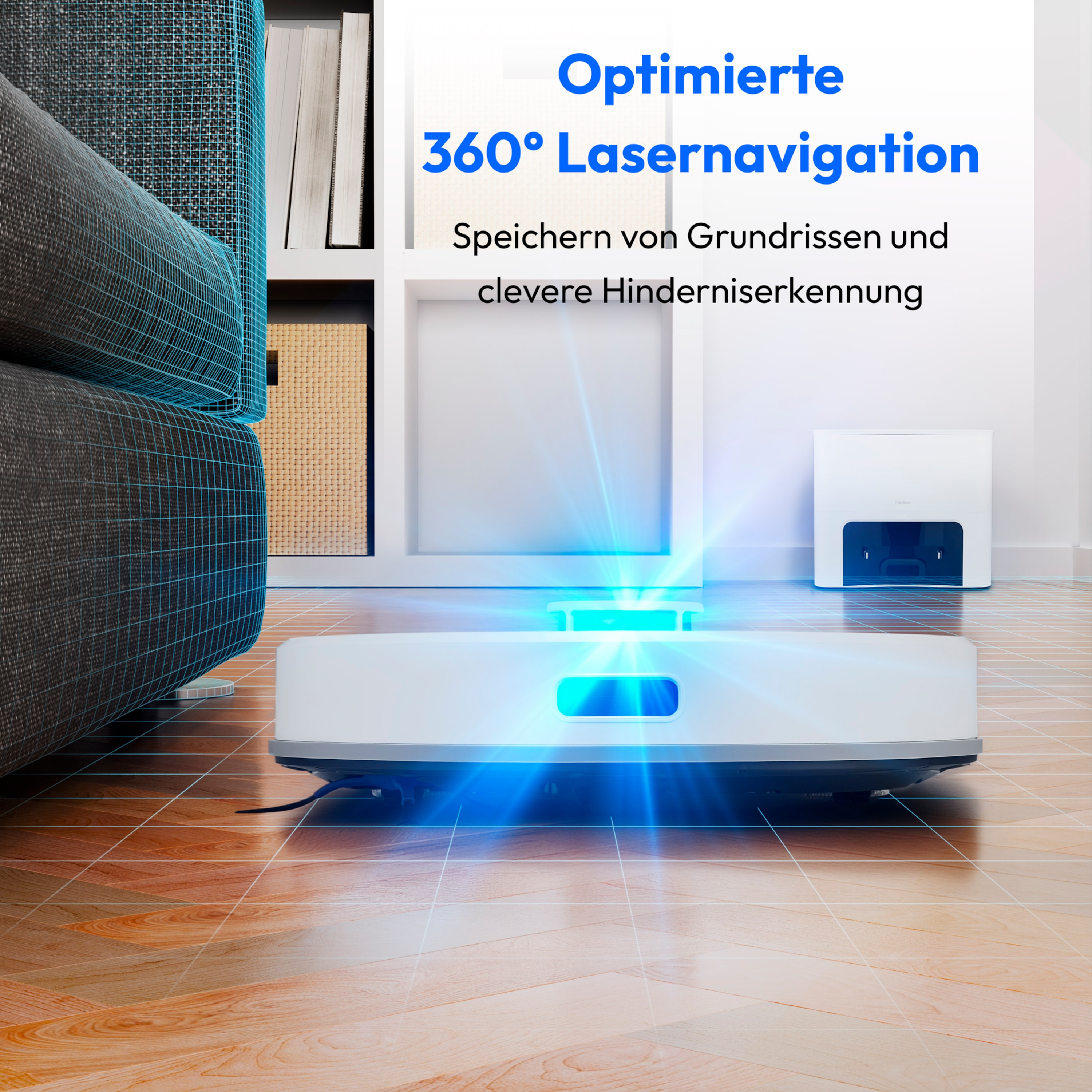 MEDION® Saugroboter mit Absaugstation X23 SW+, Wischfunktion, Lasernavigation, 5.000 Pa Saugkraft, No Go & Go Bereiche, präzise Kartenerstellung, mehrere Etagen, App-Steuerung