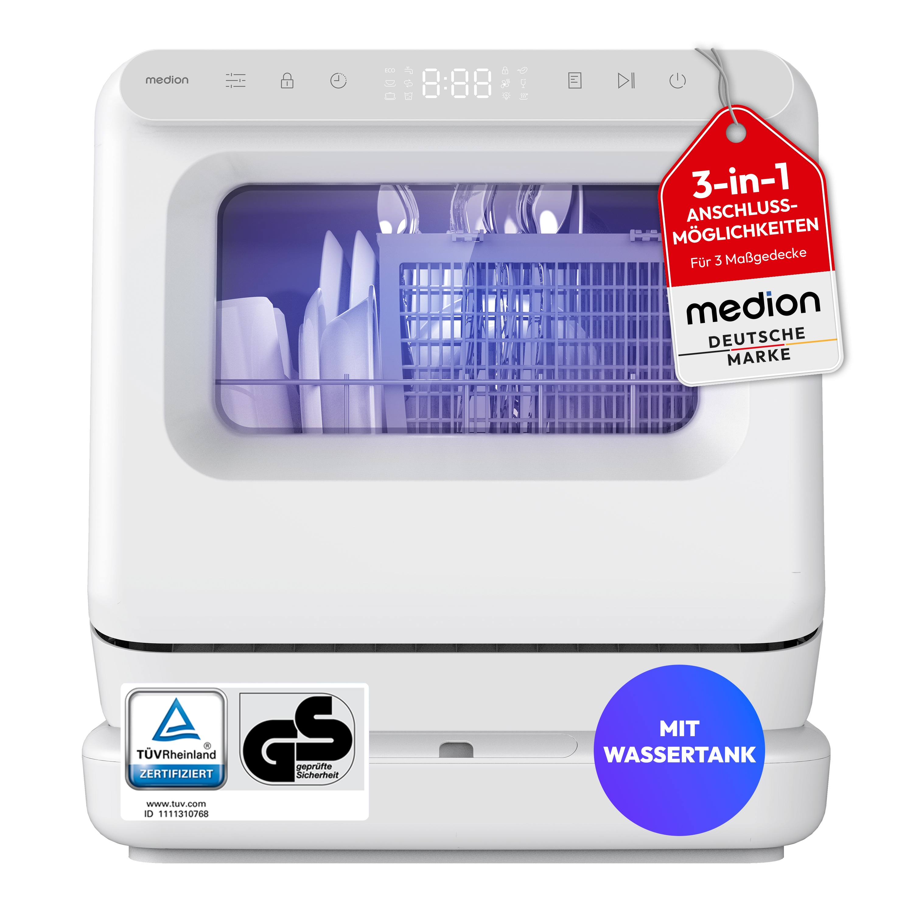 MEDION® LIFE Mini-Geschirrspüler DWT30 (MD370022), 3 Maßgedecke, 3-in-1 Betrieb mit Wassertank, 6 Programme, UV-Licht, Lüfter-Trocknung, LED-Touch-Display