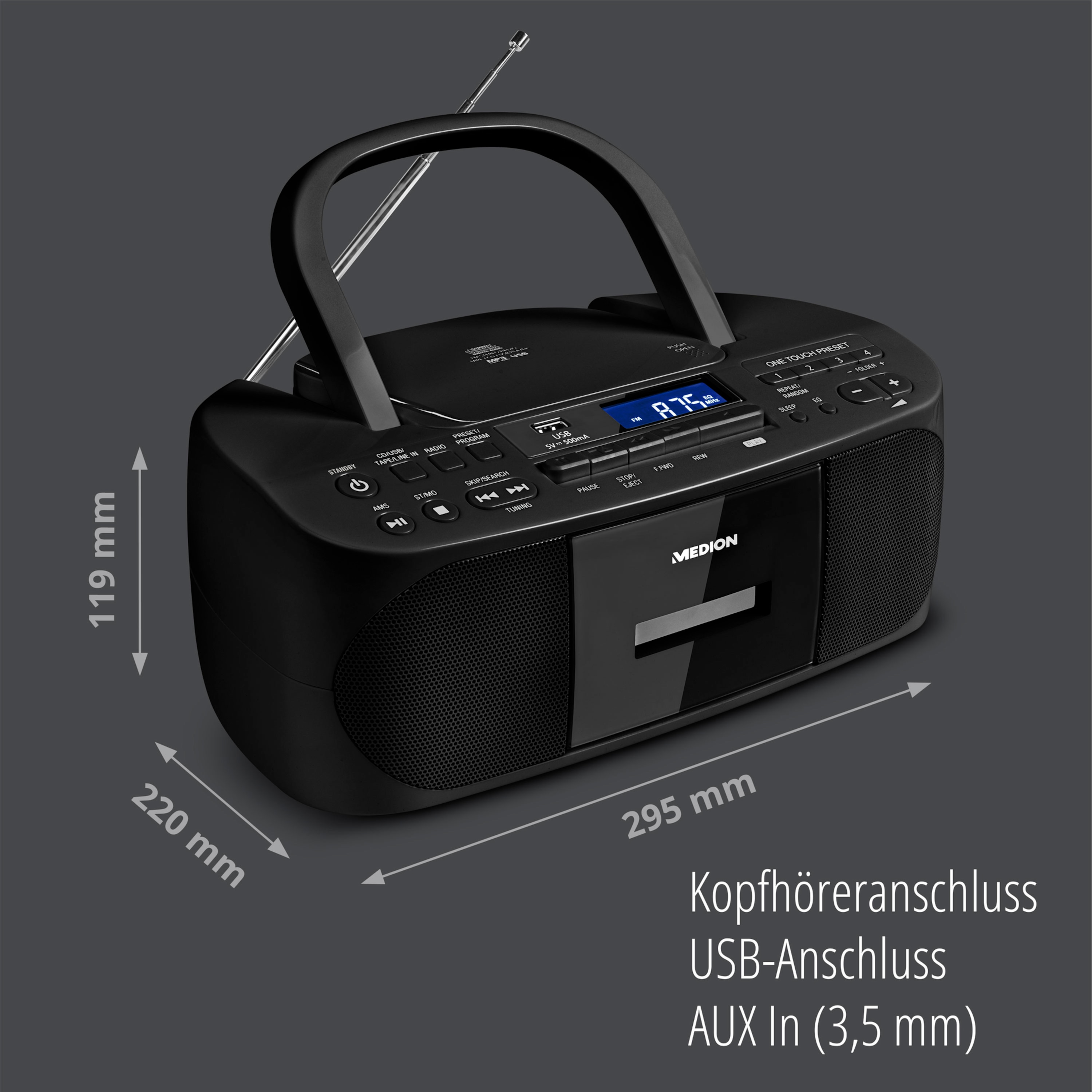 MEDION® LIFE® E65010 Boombox, CD-Kassetten-Radio mit MP3-Wiedergabe, PLL-UKW Radio, USB Anschluss, CD-R/RW kompatibel, AUX-In, 2 x 3 W RMS