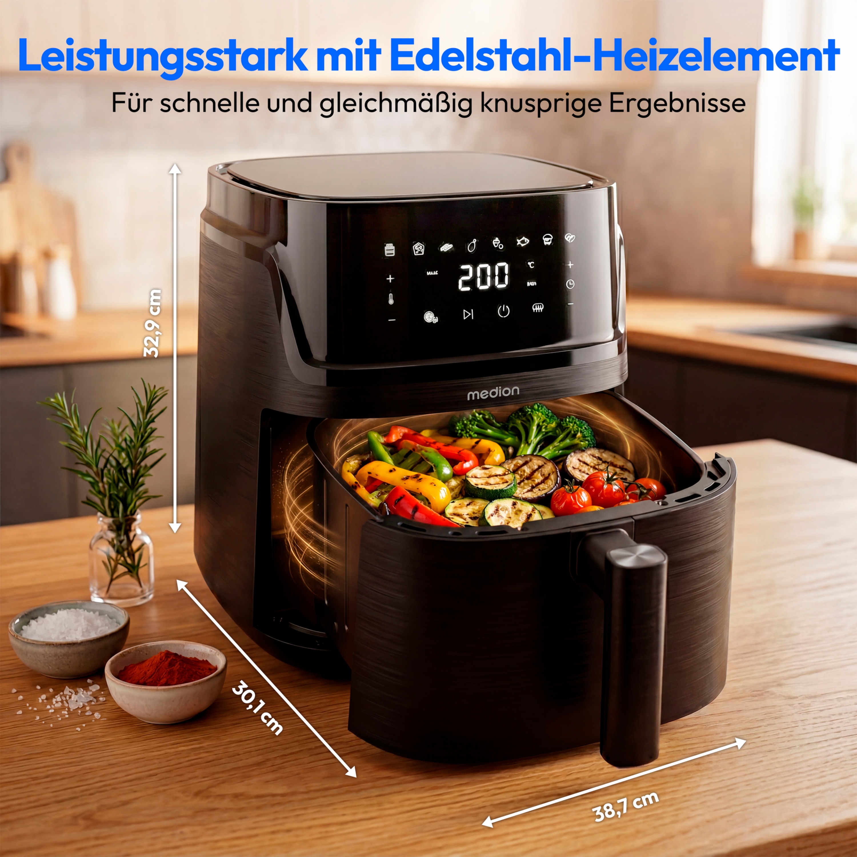 MEDION® LIFE Heißluftfritteuse MD100056, 7,2 L Gesamtvolumen, 10 Automatikprogramme, Edelstahl-Heizelement, digitales Sensor-Touch-Display, Temperatur 40–200 °C, ILAG SP-800 Beschichtung