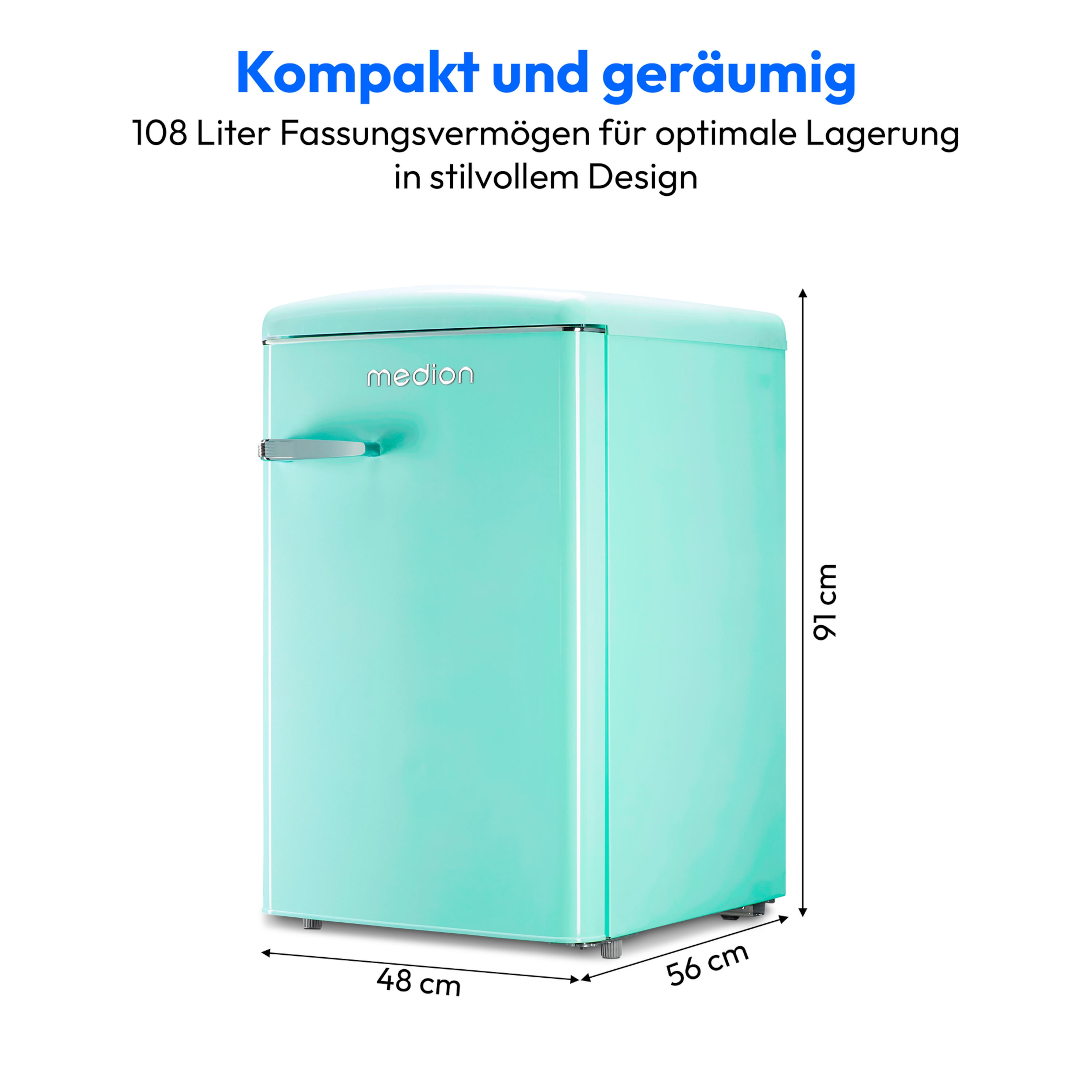 MEDION® LIFE® Retro Kühlschrank mit Gefrierfach MD37790, 108 L Gesamtnutzinhalt, 37 dB, höhenverstellbare Füße, Energieeffiziensklasse D
