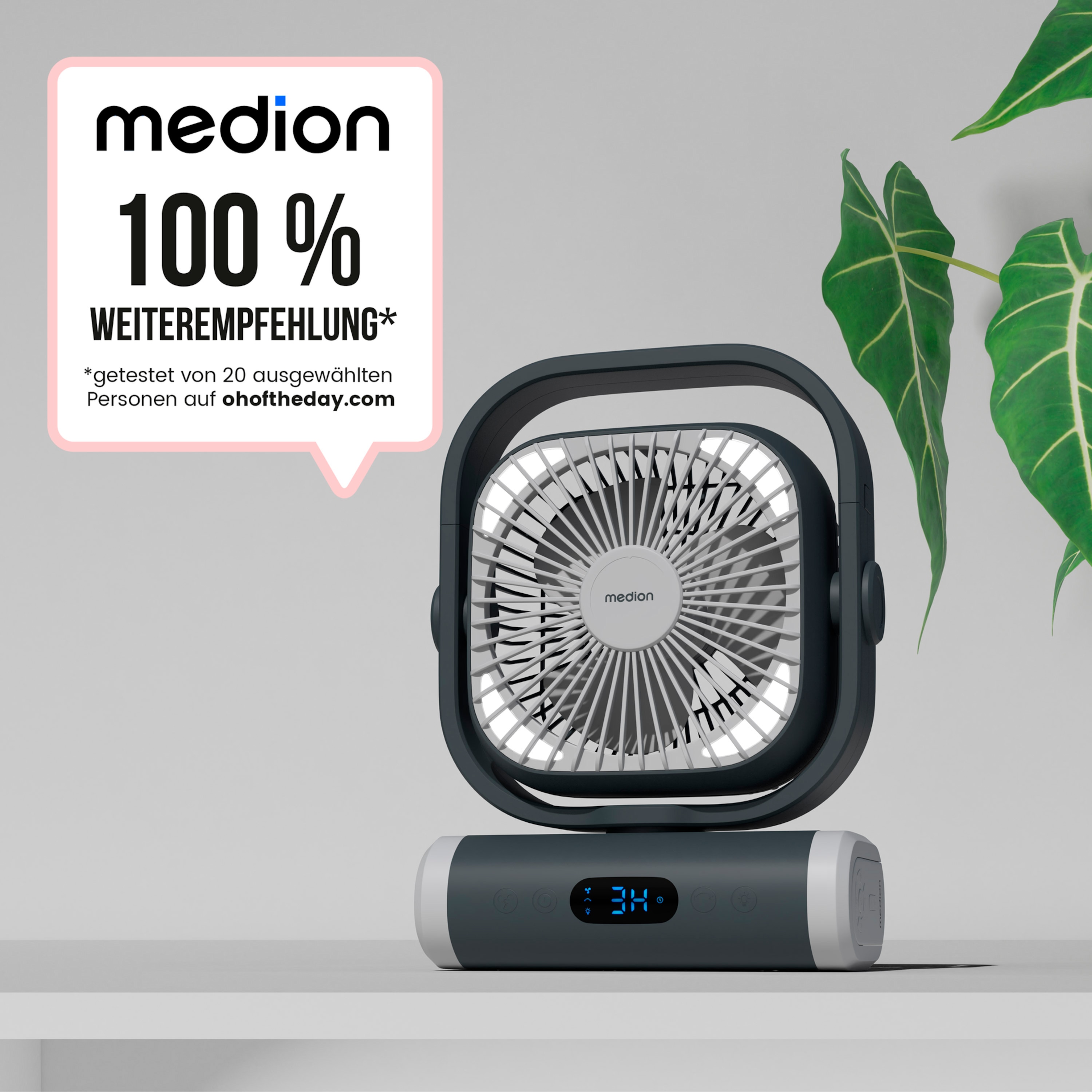 MEDION® LIFE Camping Ventilator E10 TF, 20 W Leistung, 5 Geschwindigkeitsstufen, 110° Oszillation, 10.000 mAh Akku, als Powerbank nutzbar, LED