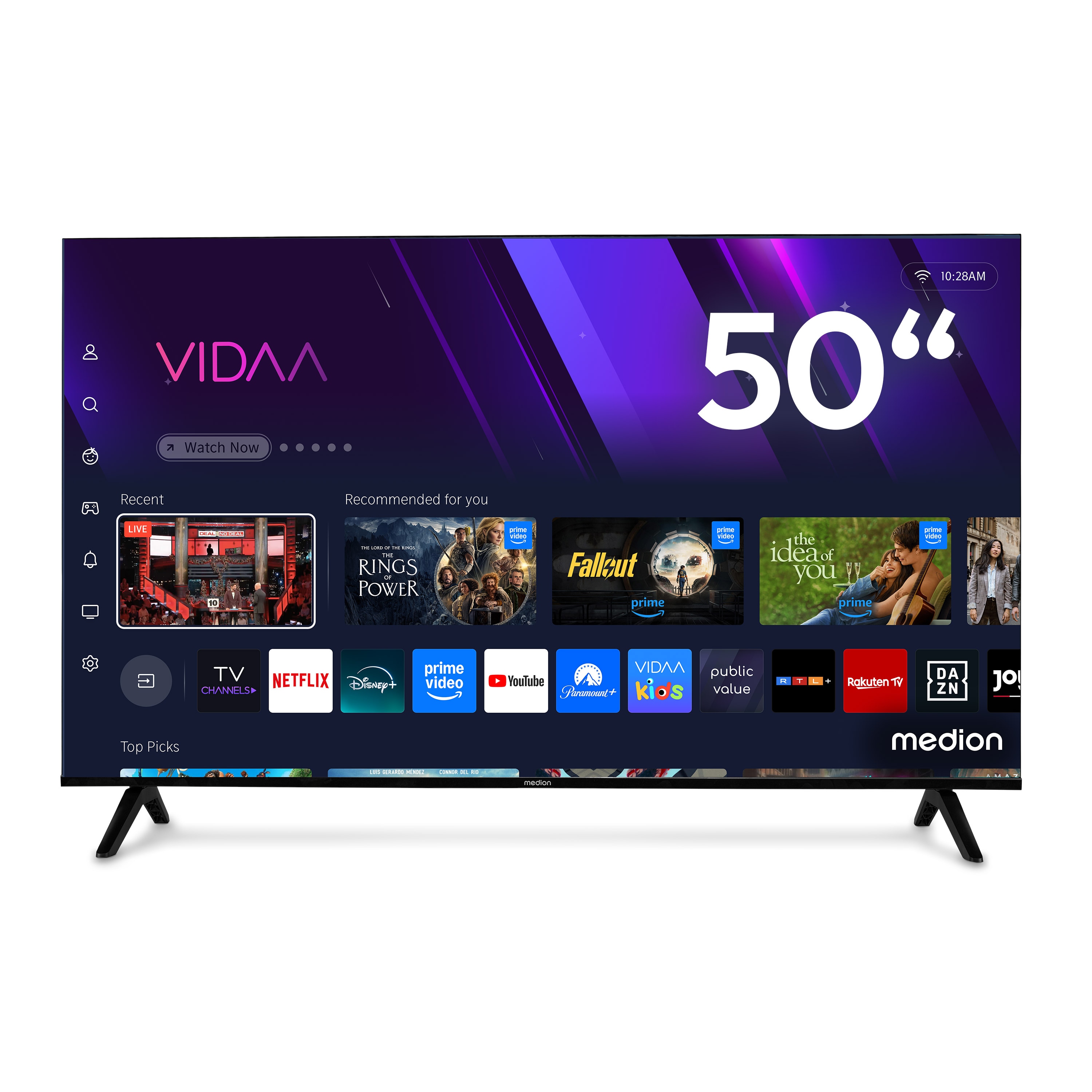 MEDION® LIFE MD 850301 Smart-TV, 125,7 cm (50'') Ultra HD Display, HDR (High Dynamic Range), Dolby Vision®, MEMC, Bluetooth®, PVR ready, NETFLIX, Prime Video, Disney+, DAZN, Paramount+ App, VIDAA App Store, Dolby Atmos®, HD Triple Tuner