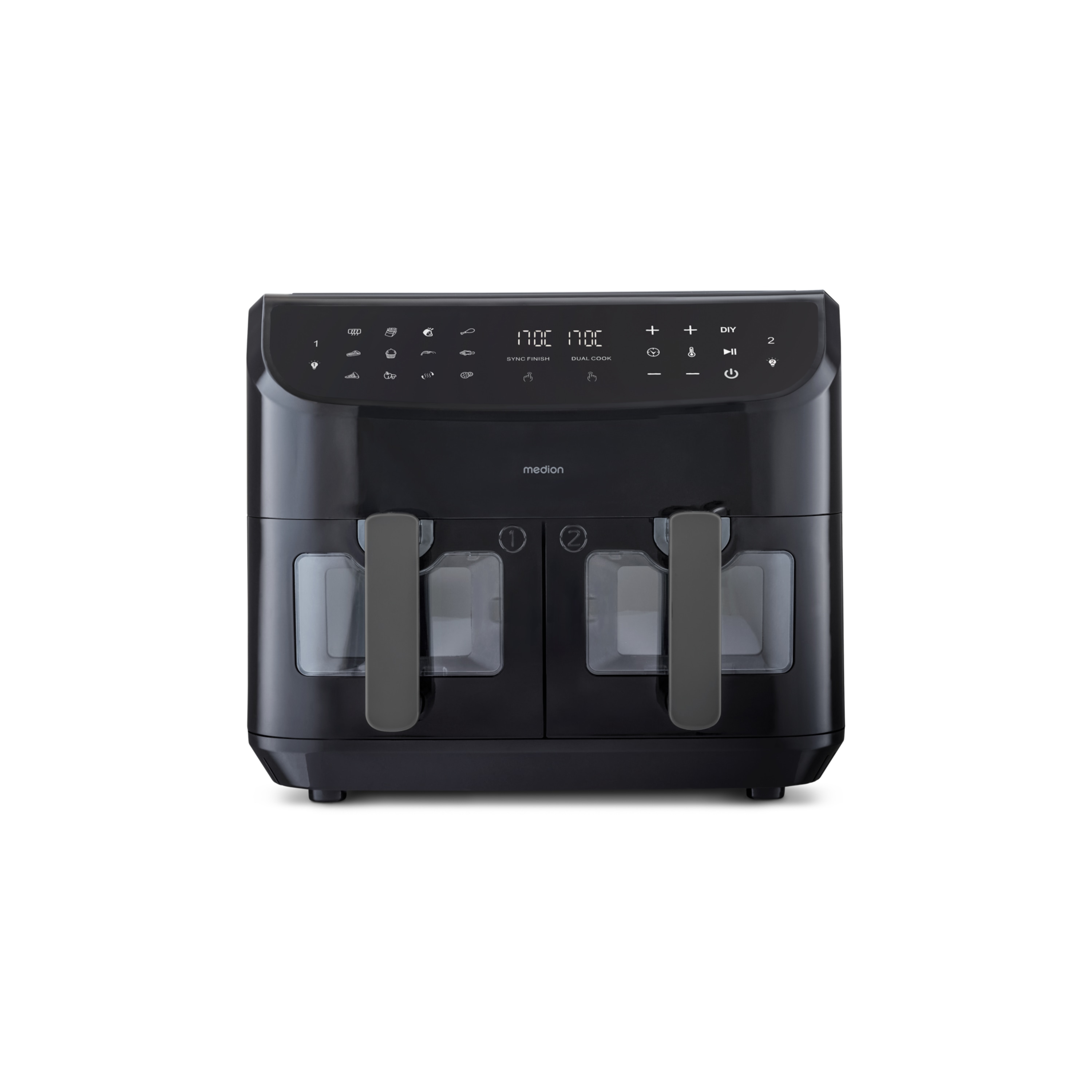 MEDION® LIFE® P20 XXL Twin Doppelzonen-Heißluftfritteuse MD 11760, 100 Rezepte in der Life+ App, 2 separate Garzonen, 9 Automatikprogramme, 8,7 L Gesamt-Nutzinhalt, 2.600 Watt, Temperatur einstellbar bis 200 °C