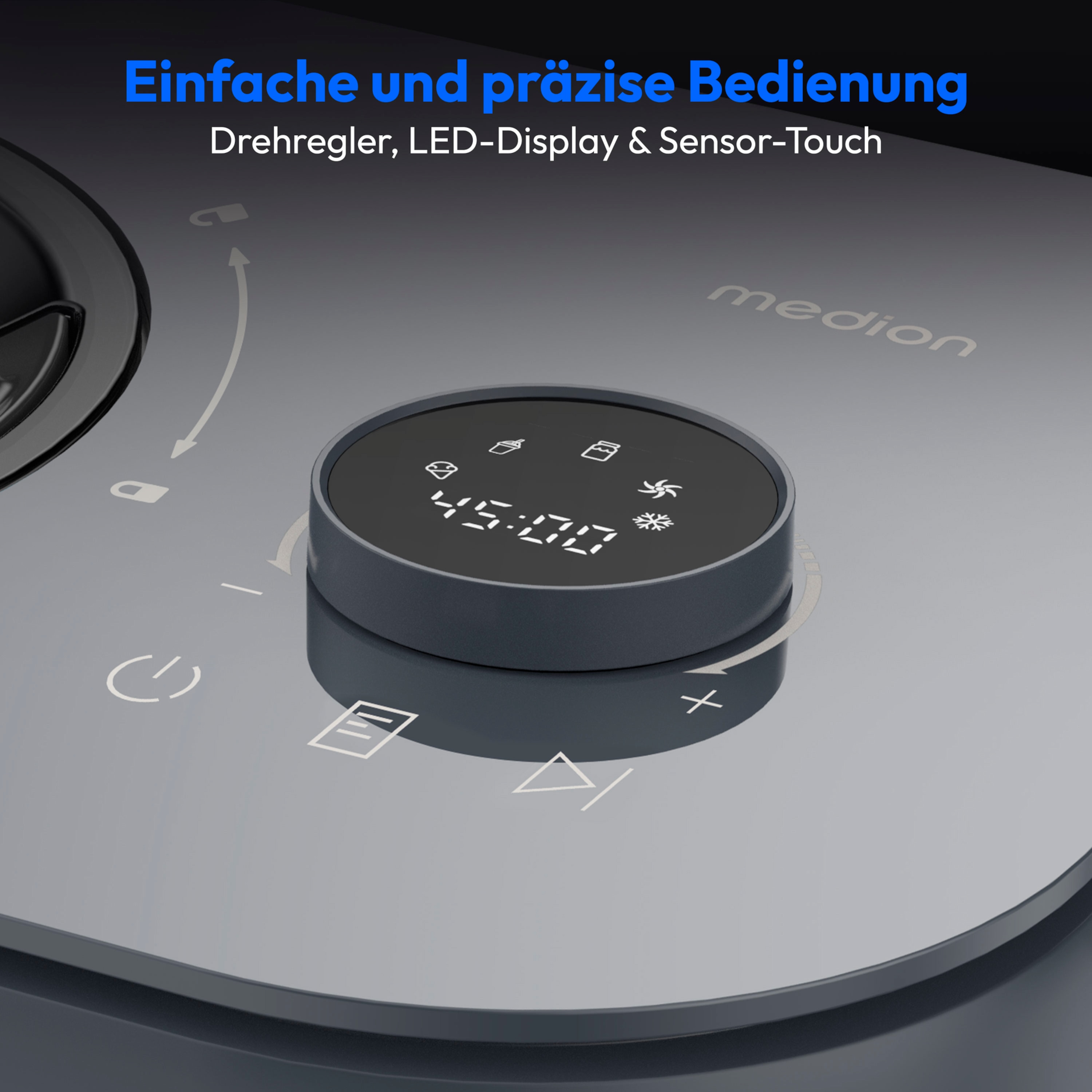 MEDION® LIFE Eismaschine MD 100116, Kapazität für 1 L Eis, kein Vorkühlen notwendig, LED-Display mit Sensor-Touch, entnehmbarer Aluminium-Eisbehälter, geeignet für die Zubereitung von Eiscreme, Joghurt & Sorbet