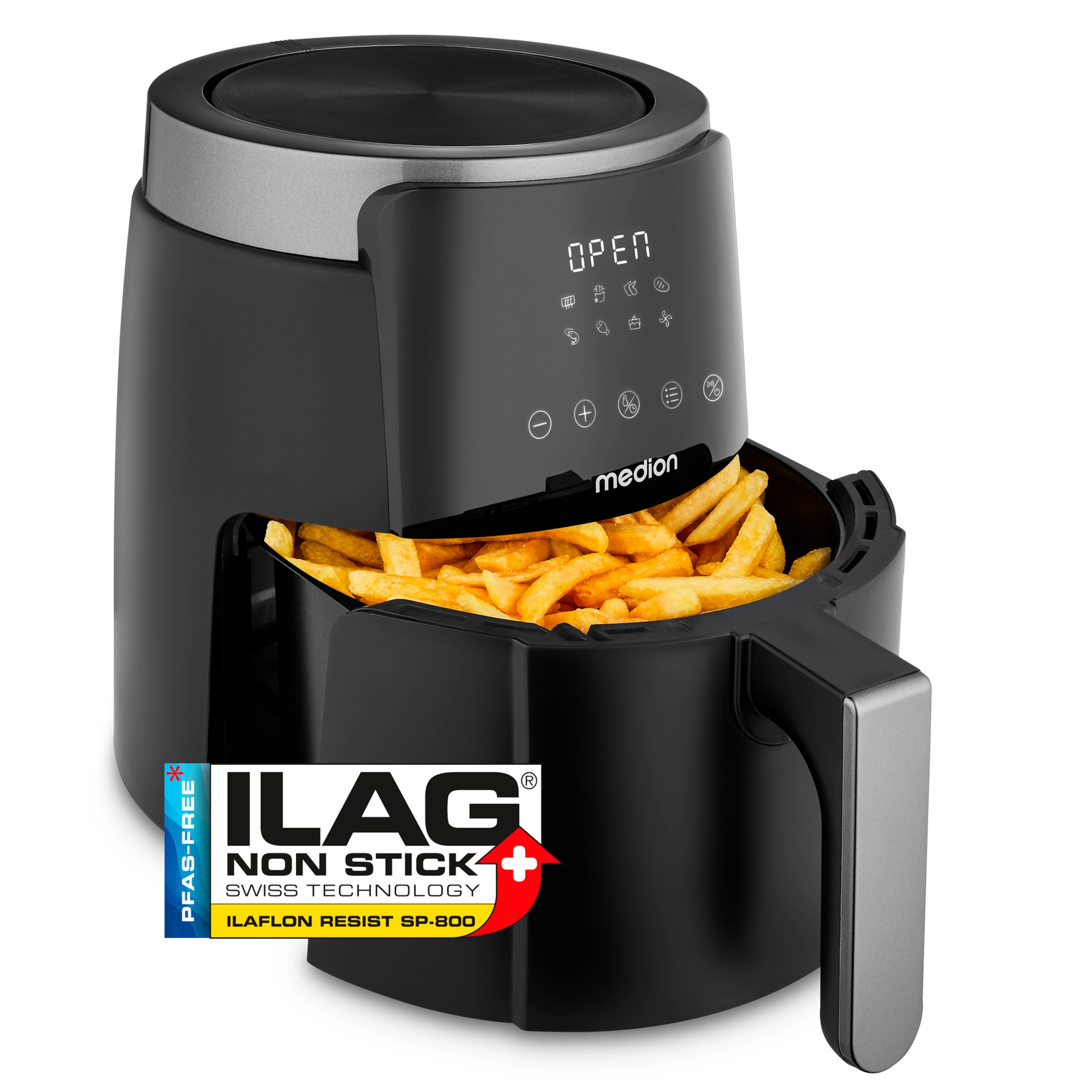MEDION® LIFE HeißluftFritteuse P40 L (MD13030), 100 Rezepte in der Life+ App¹, Touch-Sensor- Bedienfeld, 4,7 Liter Fassungsvermögen, 8 Automatikprogramme,1.500 Watt, 60 min. Timer, 100