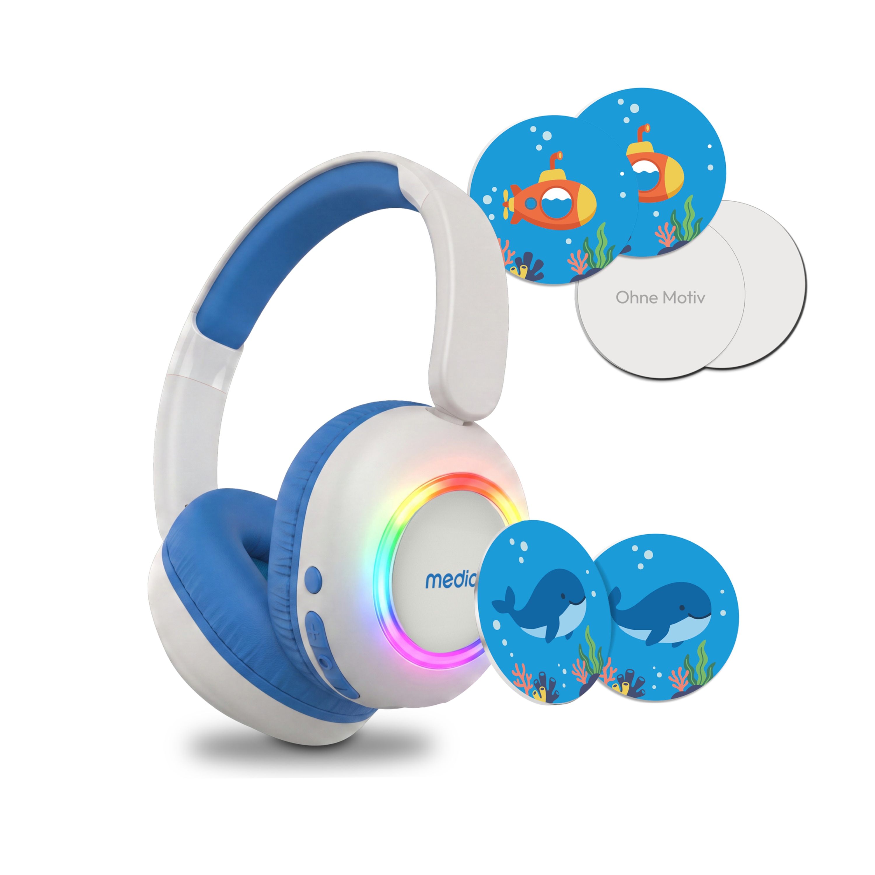 MEDION® LIFE HE-1 Kids Bluetooth Kinderkopfhörer, 3-stufiger Gehörschutz, bis zu 85 Std. Akkulaufzeit, MP3-Player, Bluetooth 5.4, AUX & microSD, LED-Lichtring, austauschbare Designs