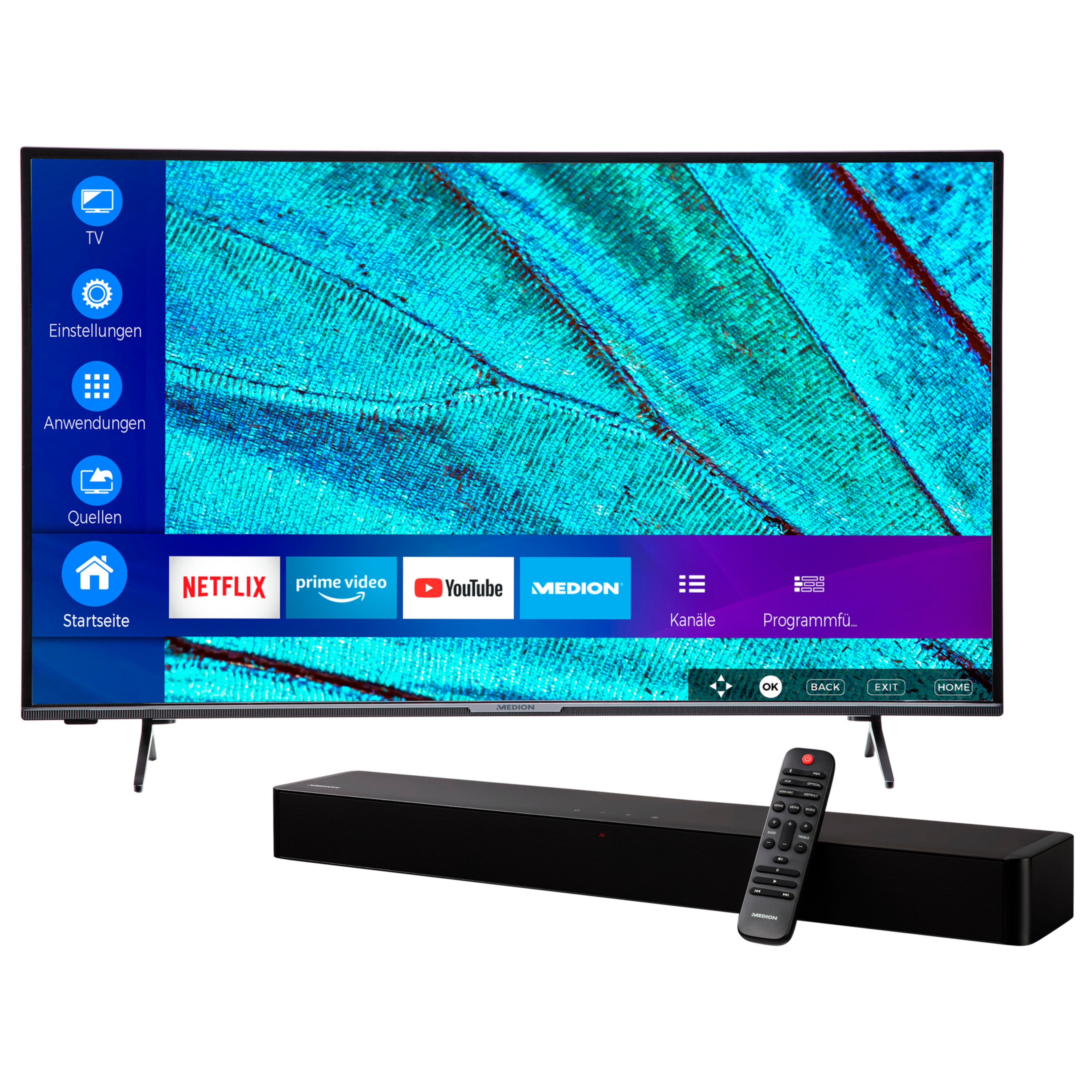 MEDION® LIFE® X15598 (MD 31568)  LCD Smart-TV, 138,8 cm (55'') Ultra HD + MEDION® LIFE® P61155 2.0 Soundbar - ARTIKELSET