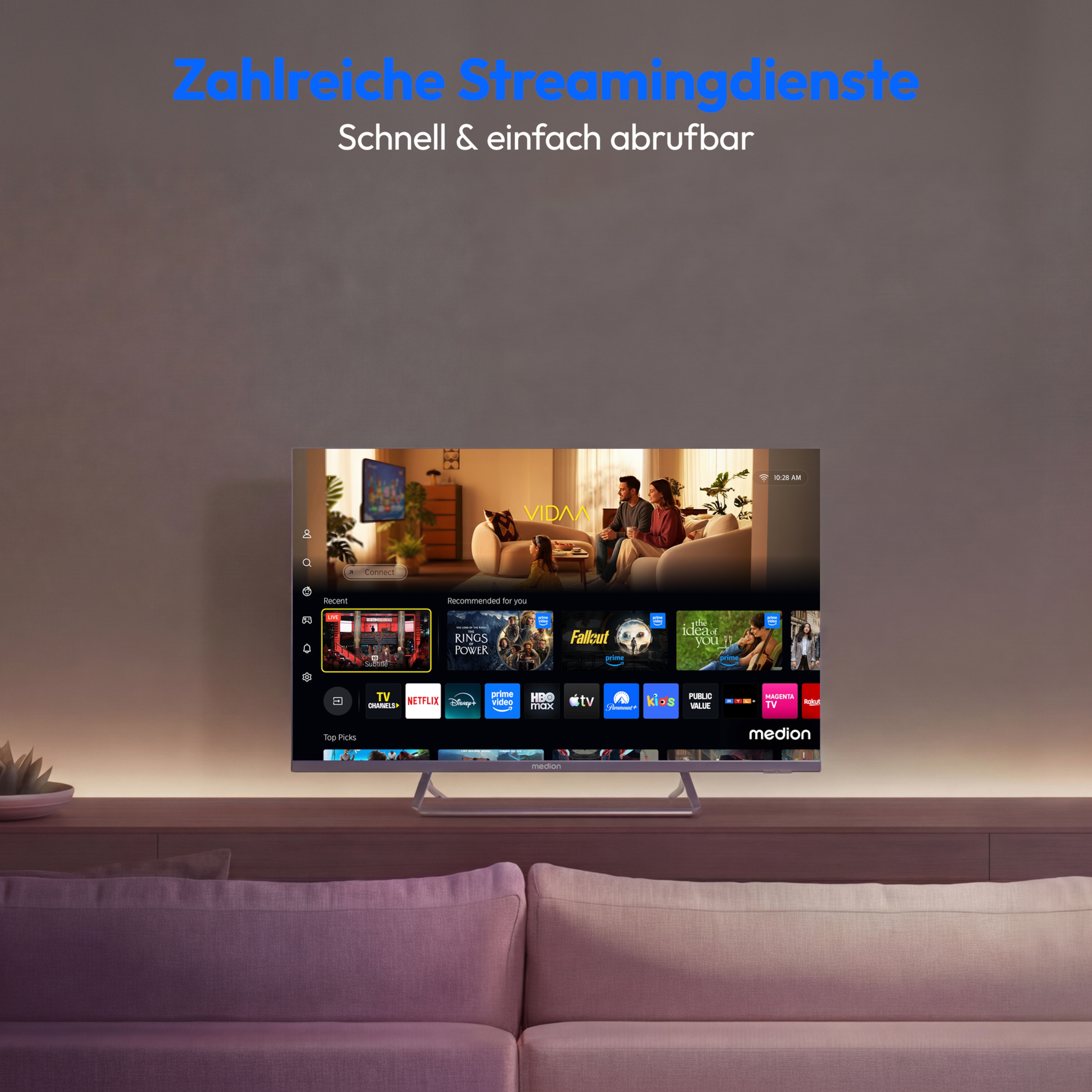 MEDION® LIFE MD 843302 Smart-TV, 108 cm (43'') Ultra HD Display, HDR (High Dynamic Range), Dolby Vision®, MEMC, Bluetooth®, PVR ready, HBO Max, MagentaTV, NETFLIX, Prime Video, Disney+, DAZN, Paramount+ App, VIDAA App Store, Dolby Atmos®