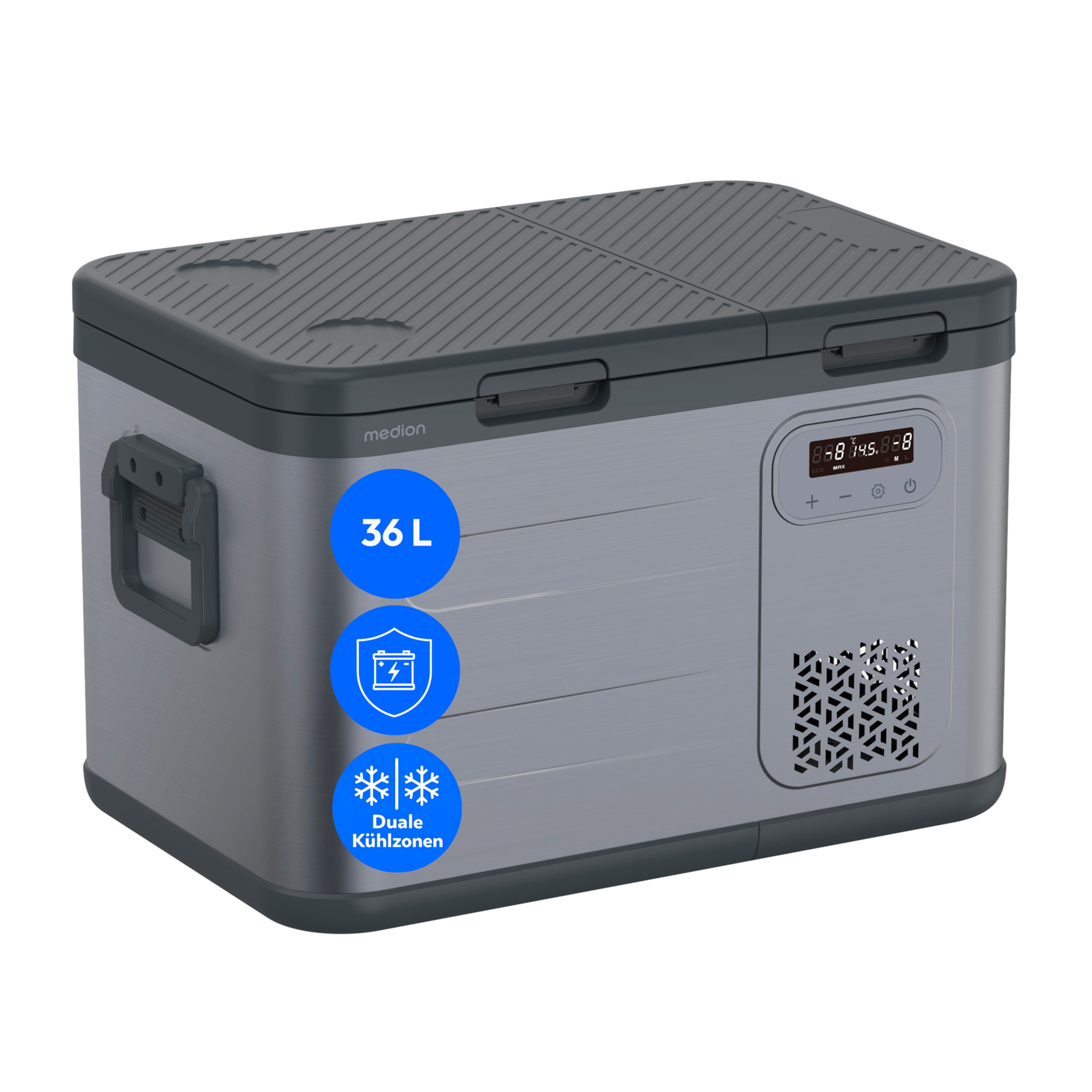 MEDION® LIFE Kompressor Kühlbox MD370026, Duale Kühlzonen bis −20 °C, 36 L Kapazität, 12 V 24 V 230 V, Aluminium Design