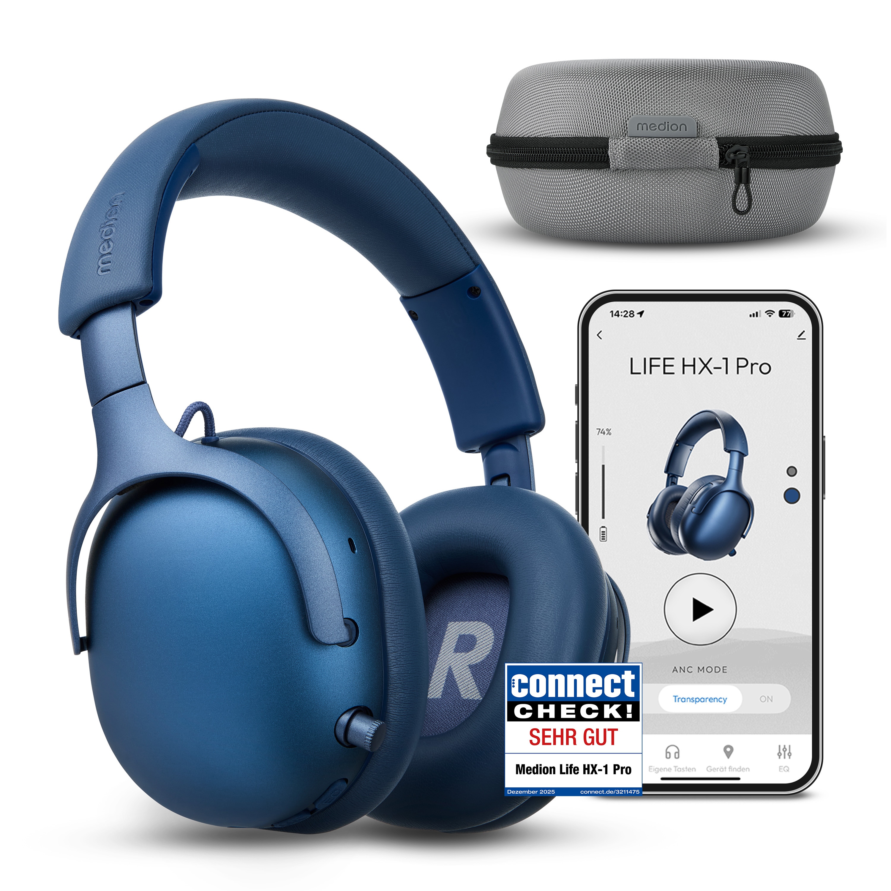 MEDION® Over Ear-Kopfhörer LIFE HX-1 Pro blau, bis zu 190 Stunden Akkulaufzeit, Hybrid Active Noise Cancelling, 7 EQ-Presets + 1 App-Preset, Bluetooth® 6.0 wireless technology, IPX4 Spritzwasserschutz