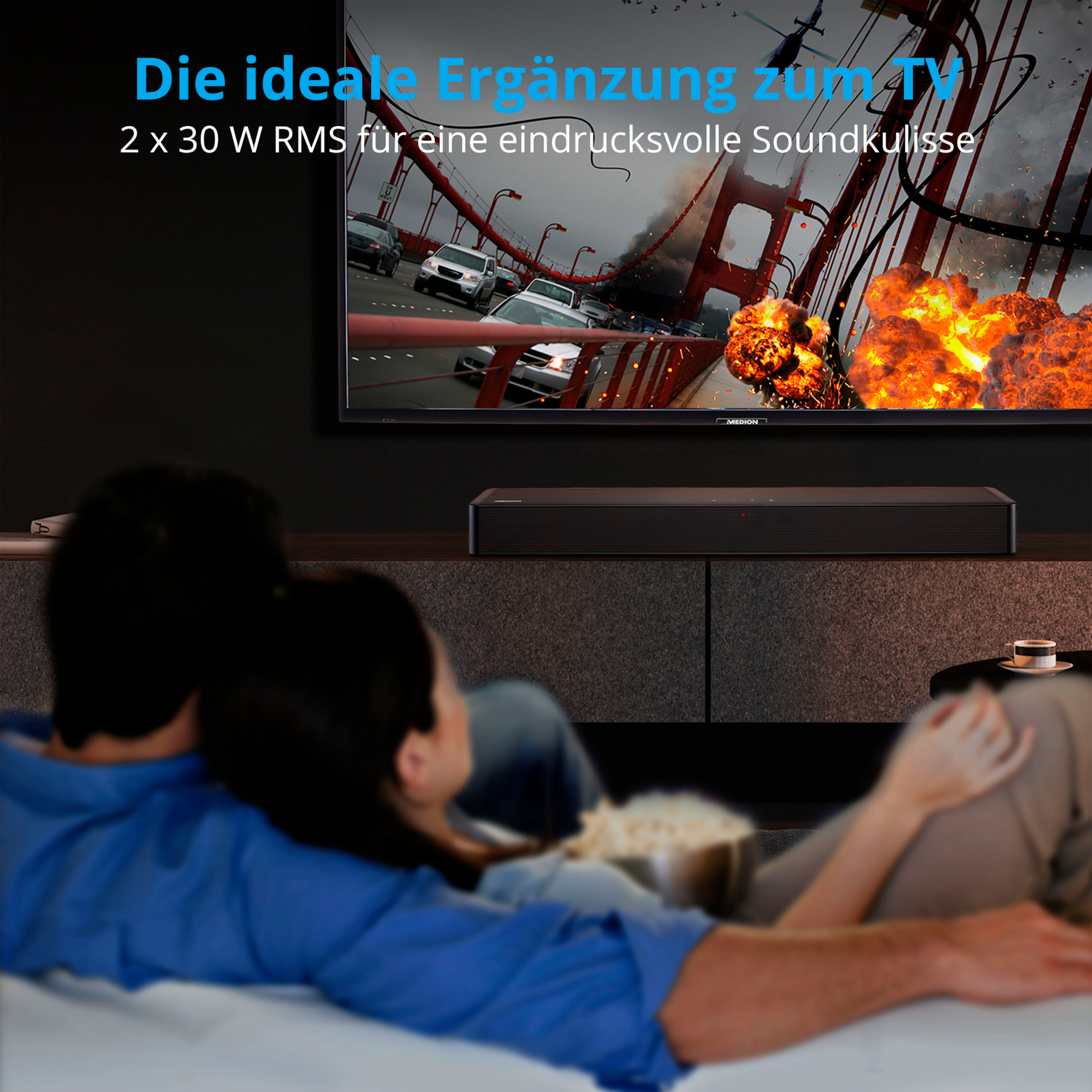 MEDION® LIFE® P61155 2.0 Soundbar, ideale Ergänzung zum TV bzw. Heimkino, kabellose Musikübertragung von Smartphone & Co via Bluetooth® 5.1, kompakte Soundbar mit Touch- & Fernbedienung