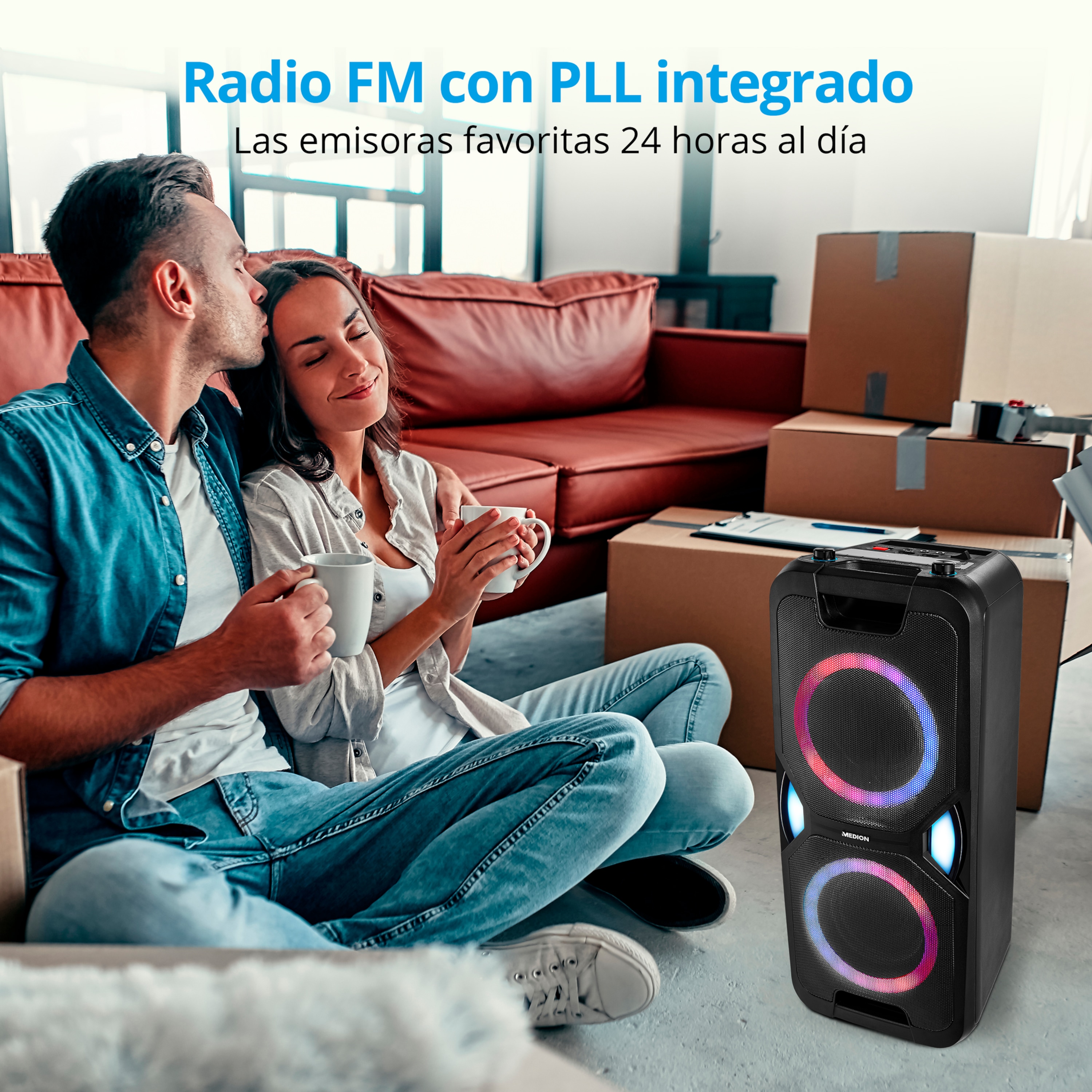 MEDION® LIFE® P67038 Partylautsprecher, PLL-UKW Radio, Bluetooth® 5.0, satter Sound, verschiedene Lichteffekte, X-Bass Bassanhebung, inkl. Mikrofon, 2 x 22 W RMS Ausgangsleistung