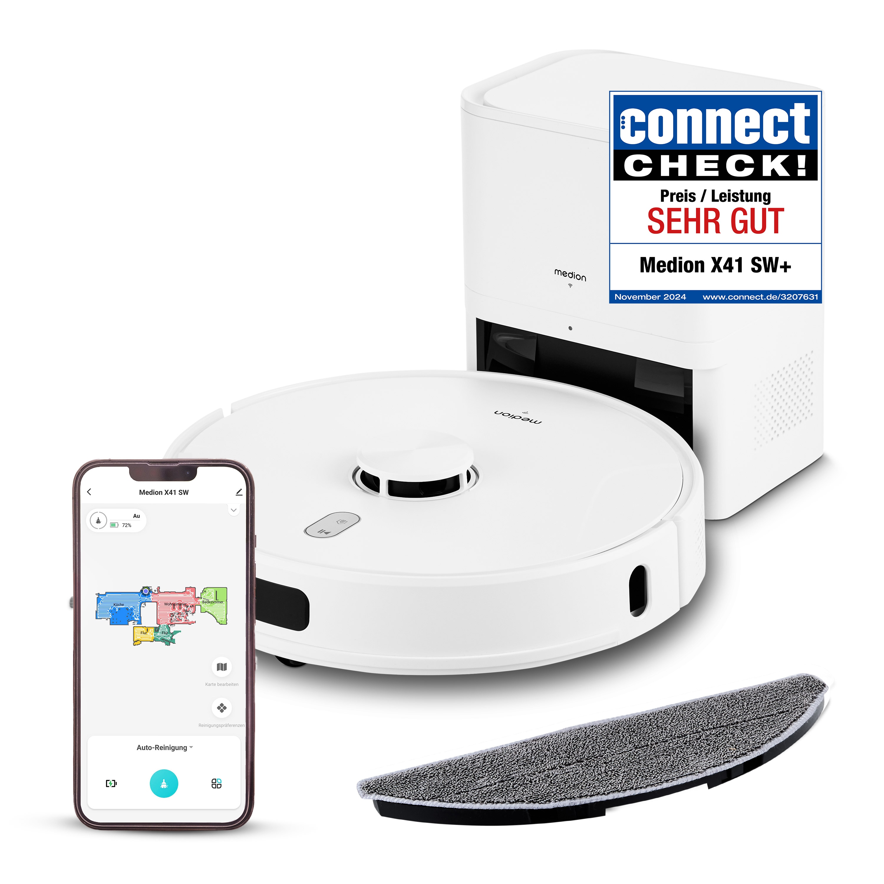 MEDION® Saugroboter mit Absaugstation X41 SW+, Wischfunktion, Lasernavigation, starke 8.000 Pa Saugkraft, No Go & Go Bereiche, präzise Kartenerstellung, mehrere Etagen