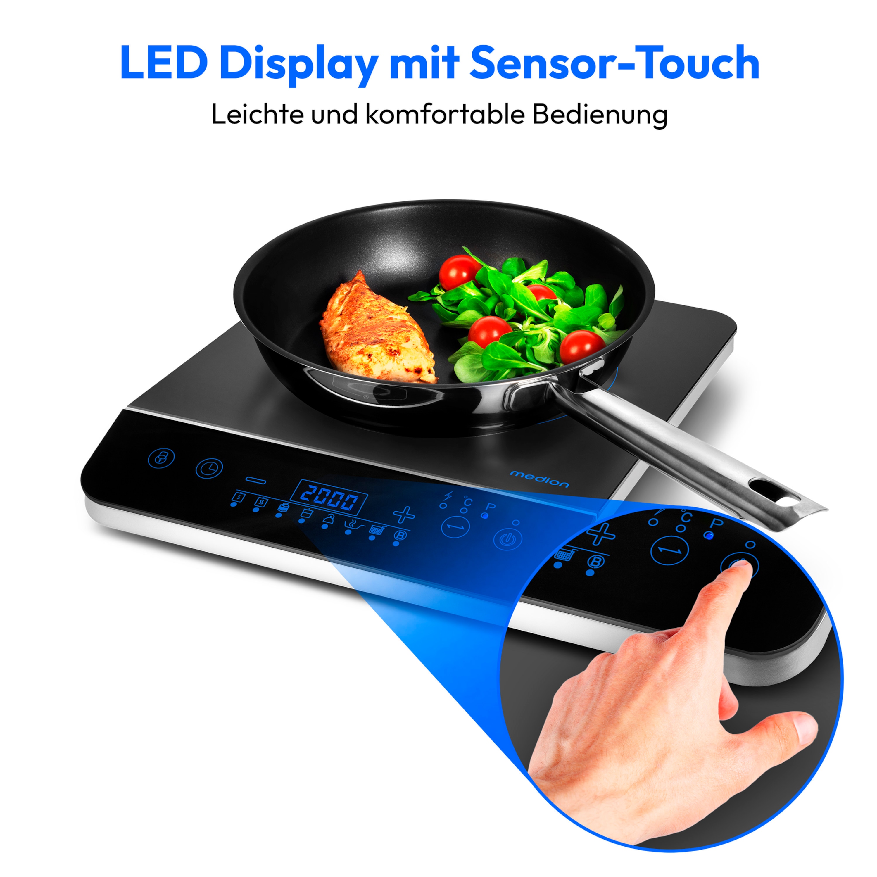 MEDION® LIFE Induktionskochplatte MD 17595, 2000 Watt Induktionsleistung, 8 Automatikprogramme, automatische Topferkennung