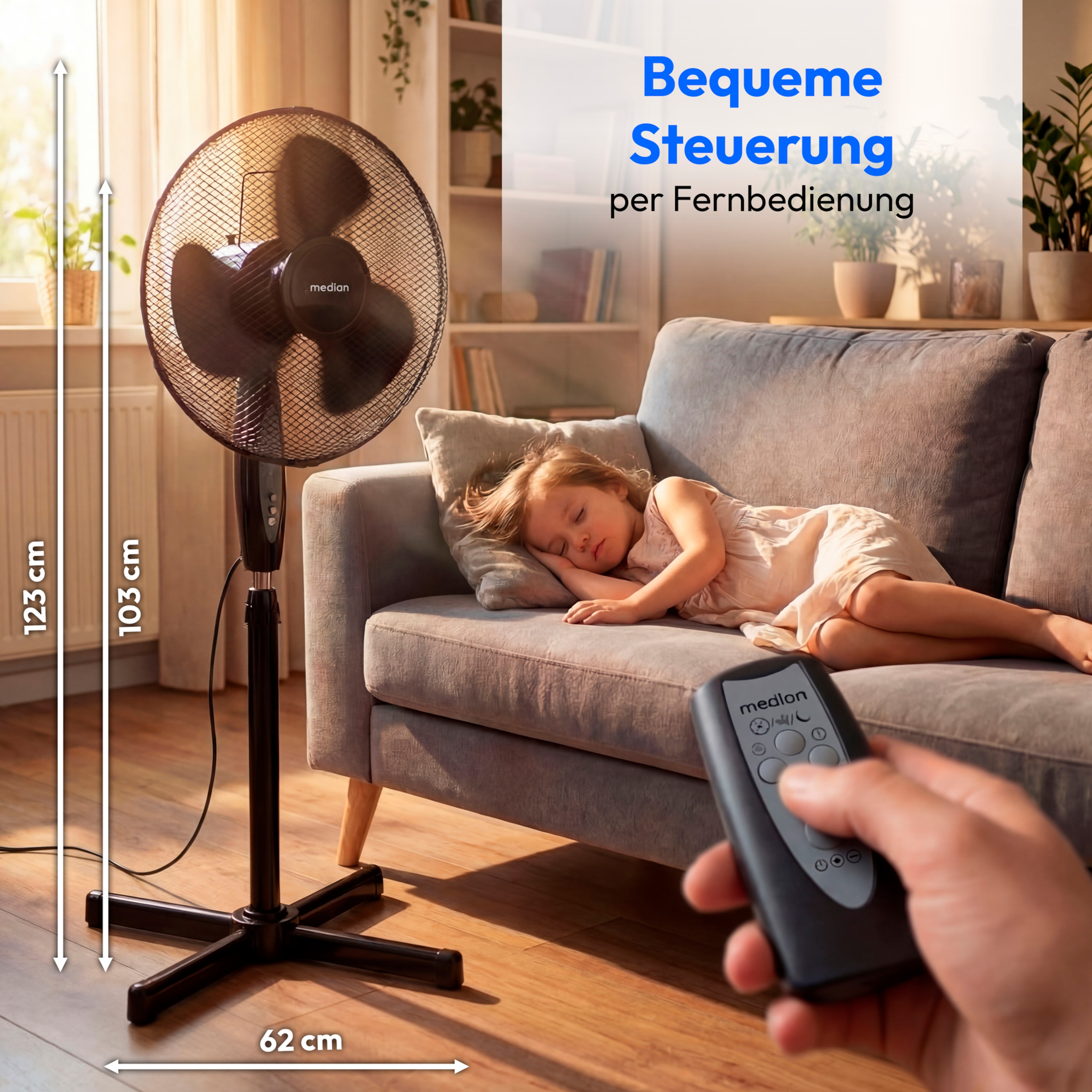 MEDION® LIFE E10 SF Standventilator mit Fernbedienung (MD 18795), 3 Geschwindigkeitsstufen, verstellbarer Höhe, Schwenkfunktion, Timer-Funktion