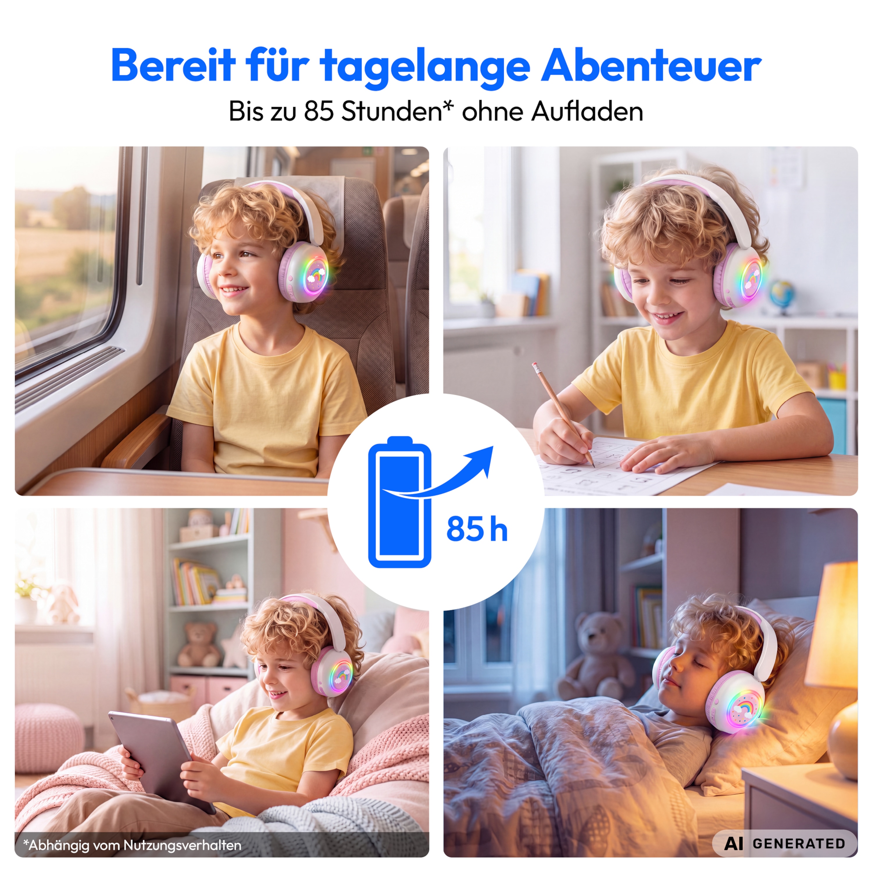 MEDION® LIFE HE-1 Kids Bluetooth Kinderkopfhörer, 3-stufiger Gehörschutz, bis zu 85 Std. Akkulaufzeit, MP3-Player, Bluetooth 5.4, AUX & microSD, LED-Lichtring, austauschbare Designs