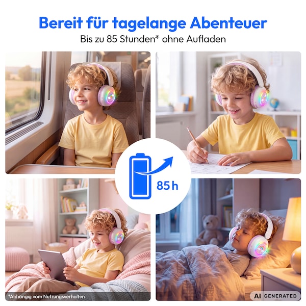MEDION® LIFE HE-1 Kids Bluetooth Kinderkopfhörer, 3-stufiger Gehörschutz, bis zu 85 Std. Akkulaufzeit, MP3-Player, Bluetooth 5.4, AUX & microSD, LED-Lichtring, austauschbare Designs