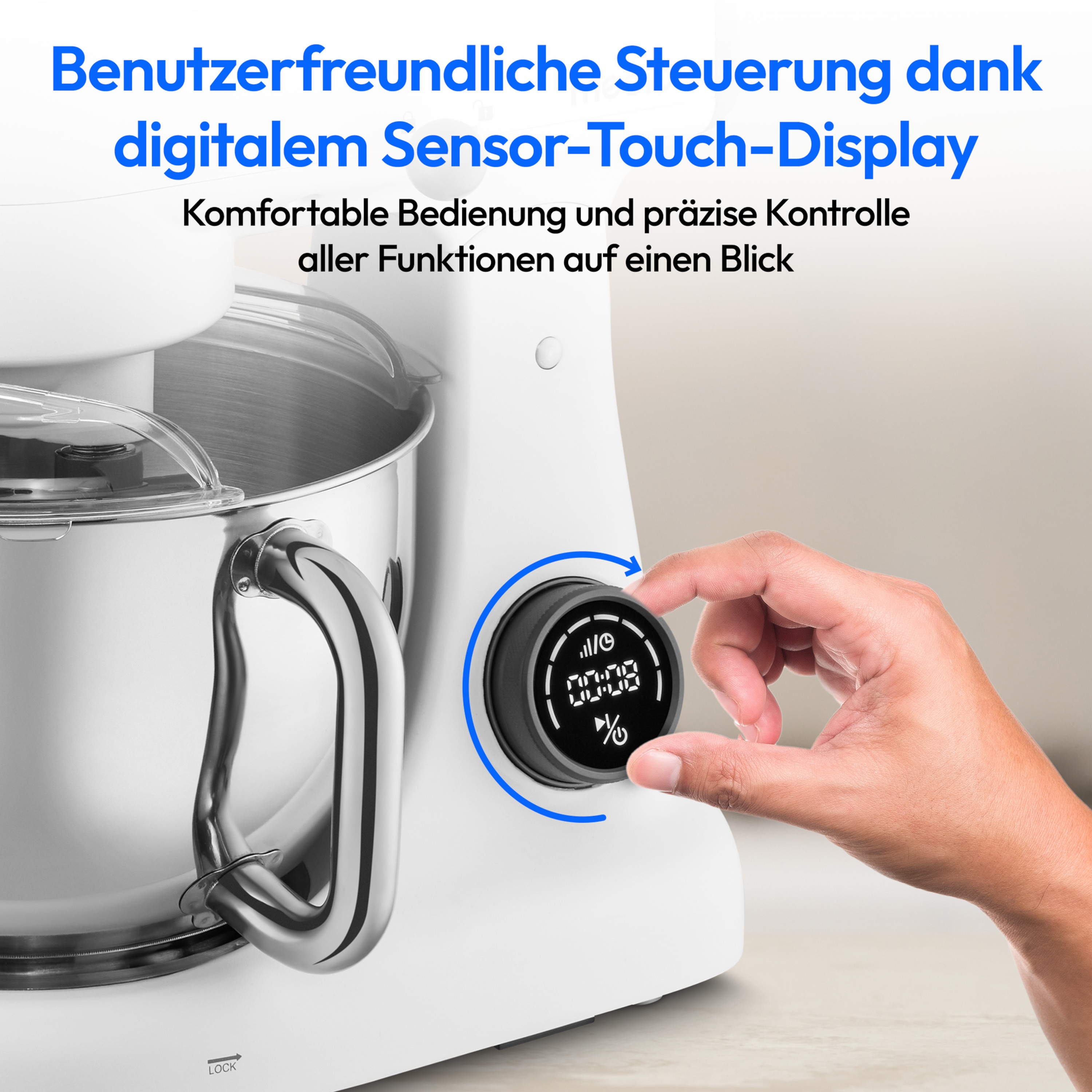MEDION® LIFE Digitale Küchenmaschine MD12600, 800 W Gleichstrommotor, Energiesparend, Ultraleise, Digitales Sensor-Touch-Display, 4,6 L Edelstahlschüssel, Inkl. Fleischwolf