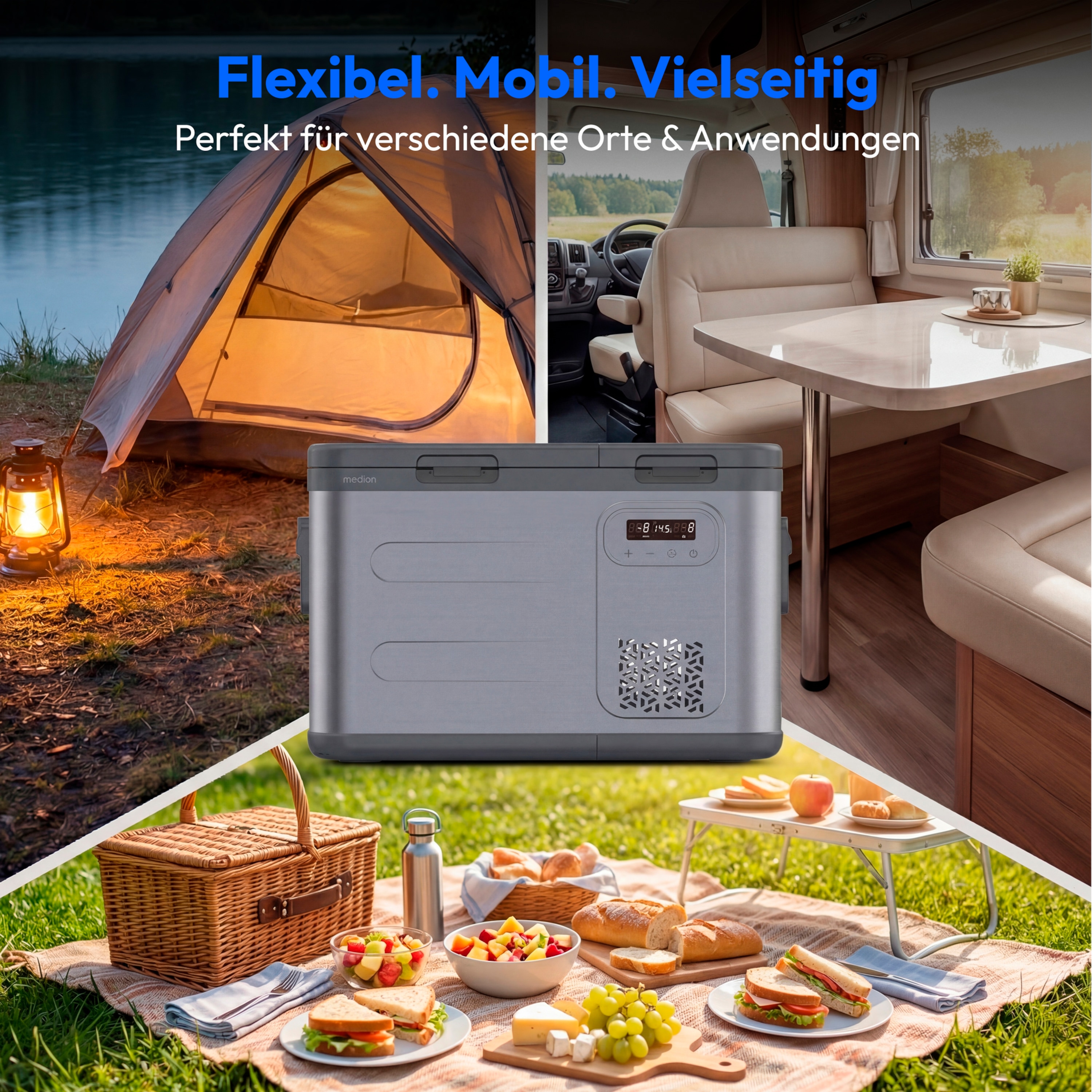 MEDION® LIFE Kompressor Kühlbox MD370026, Duale Kühlzonen bis −20 °C, 36 L Kapazität, 12 V 24 V 230 V, Aluminium Design