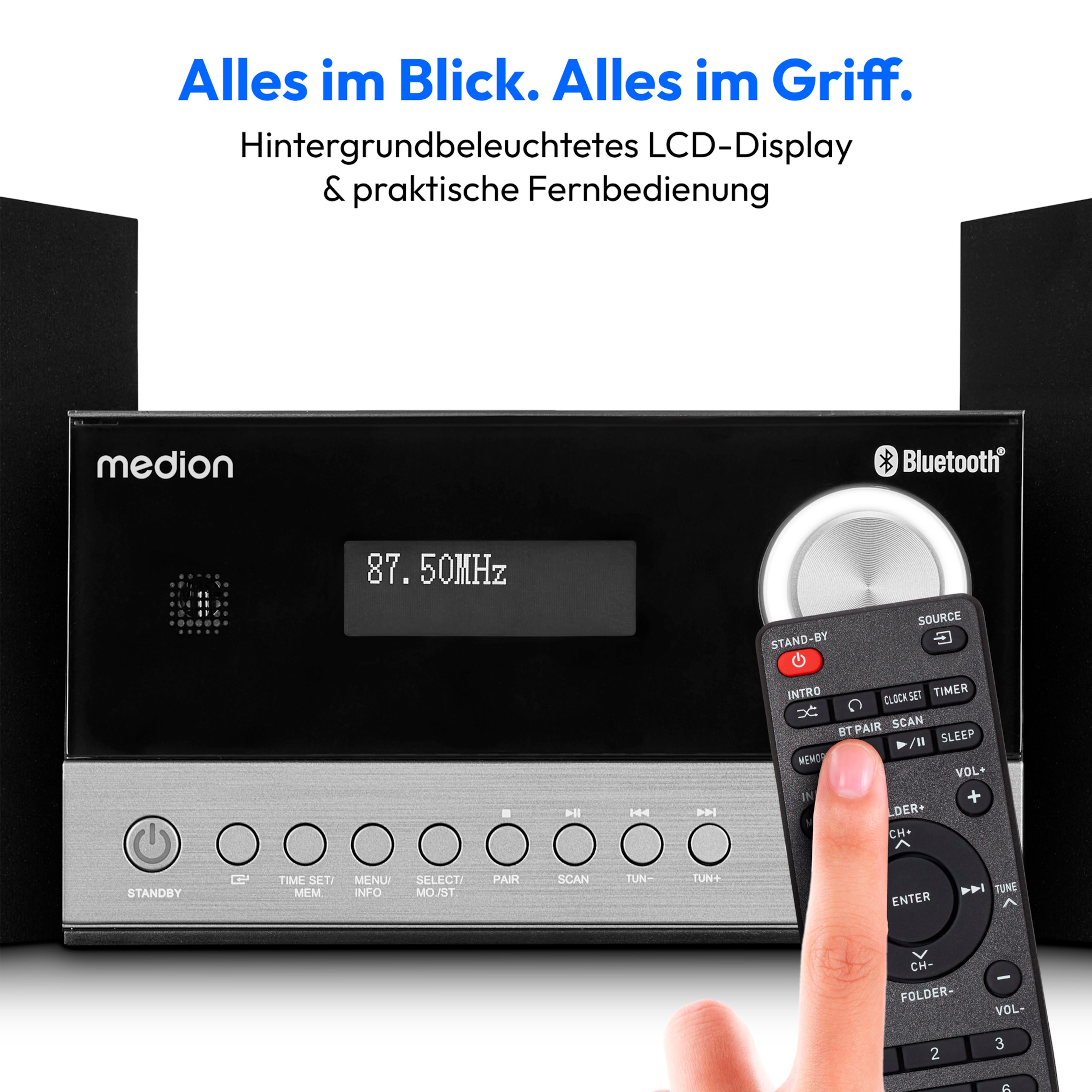 MEDION® LIFE® E64088 Micro-Audio-System, DAB+/PLL-UKW Radio, je 30 Senderspeicher,  LCD-Display, Musikwiedergabe via Bluetooth® 5.3 oder USB-Stick, CD-Player, 2 x 5 W RMS