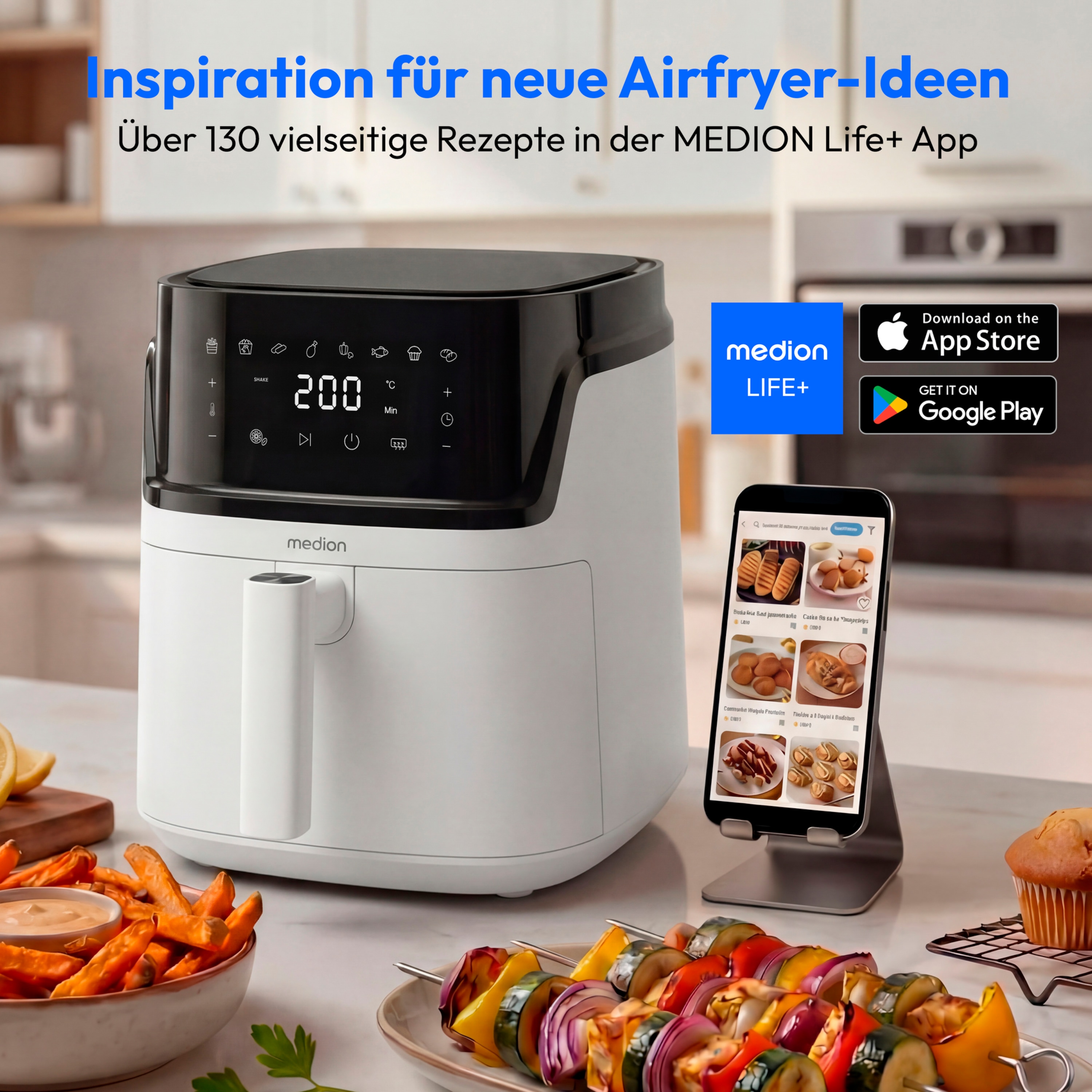 MEDION® LIFE Heißluftfritteuse MD100056, 7,2 L Gesamtvolumen, 10 Automatikprogramme, Edelstahl-Heizelement, digitales Sensor-Touch-Display, Temperatur 40–200 °C, ILAG SP-800 Beschichtung