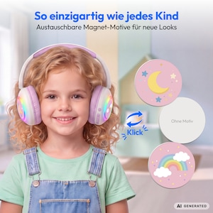 MEDION® LIFE HE-1 Kids Bluetooth Kinderkopfhörer, 3-stufiger Gehörschutz, bis zu 85 Std. Akkulaufzeit, MP3-Player, Bluetooth 5.4, AUX & microSD, LED-Lichtring, austauschbare Designs