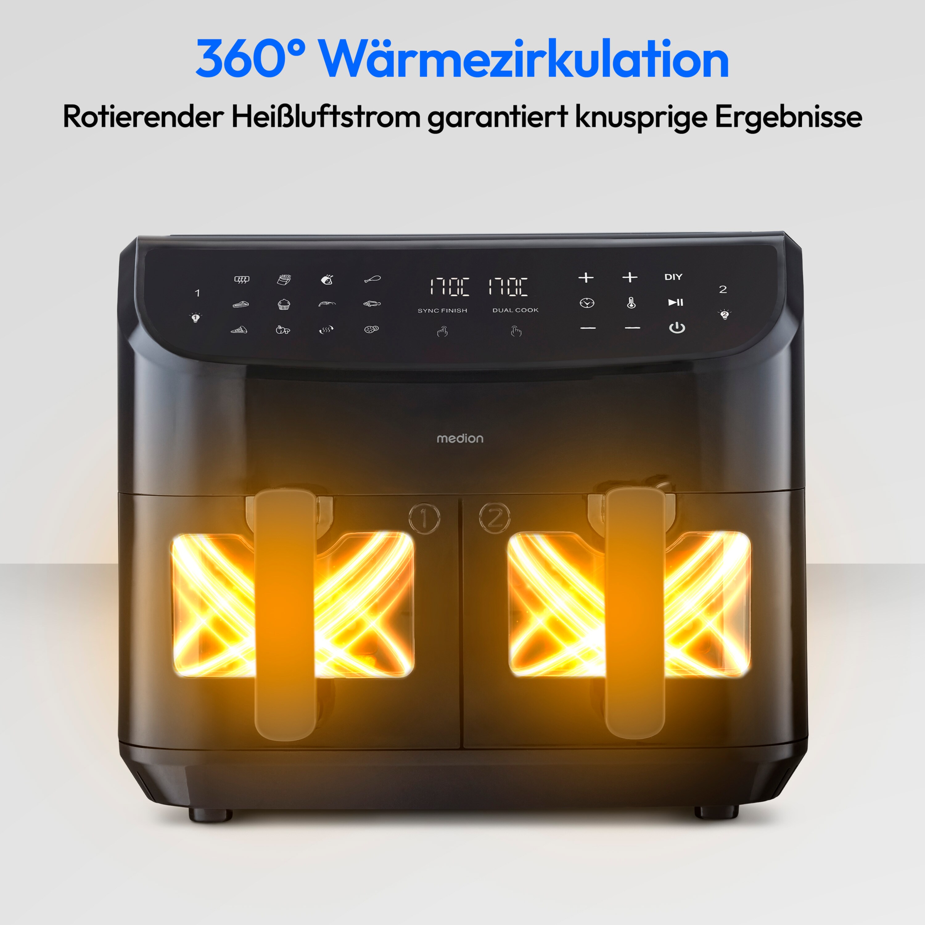 MEDION® LIFE® P20 XXL Twin Doppelzonen-Heißluftfritteuse MD 11760, 100 Rezepte in der Life+ App, 2 separate Garzonen, 9 Automatikprogramme, 8,7 L Gesamt-Nutzinhalt, 2.600 Watt, Temperatur einstellbar bis 200 °C