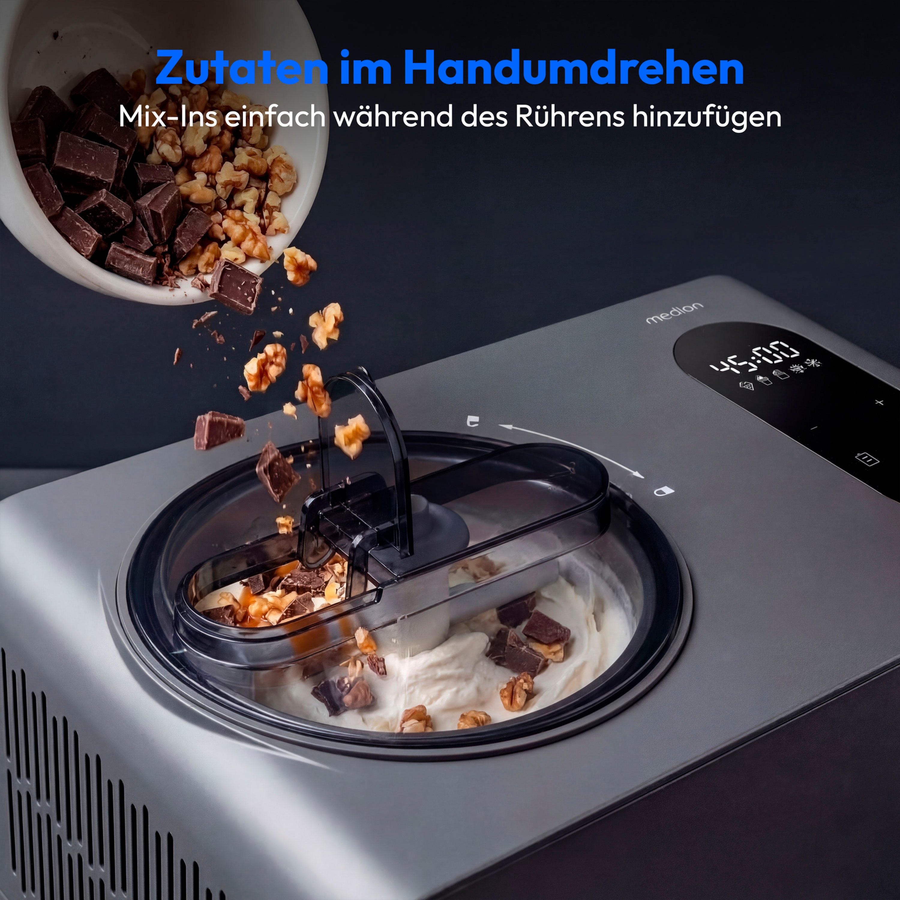 MEDION® LIFE Eismaschine MD 100087, Kapazität für 1,5 L Eis, kein Vorkühlen notwendig, LED-Display mit Sensor-Touch, mit Programmen für Eiscreme, Slush und Joghurt